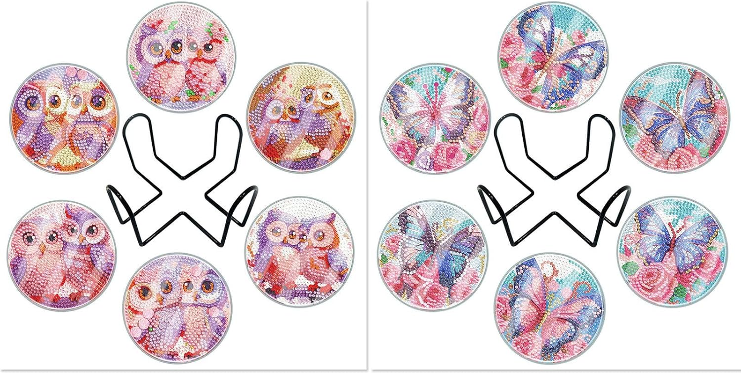 yzARTche Diamond Art Painting Coasters, 5D DIY Diamond Art Coasters with Holder and Acrylic Dust Cover, Non Slip Diamond Coasters Kits for Adults Beginner-2PCS-B