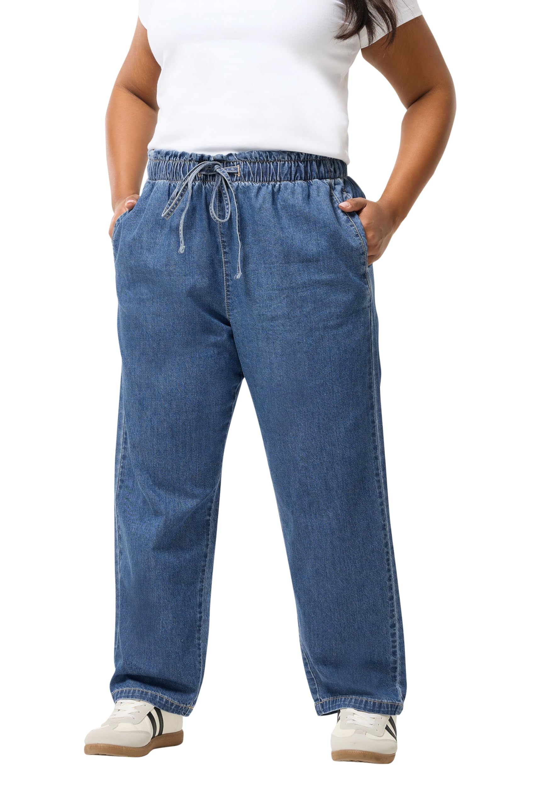 Yours Women's Paperbag Straight Leg Jeans in Mid Blue | Size: 30-32