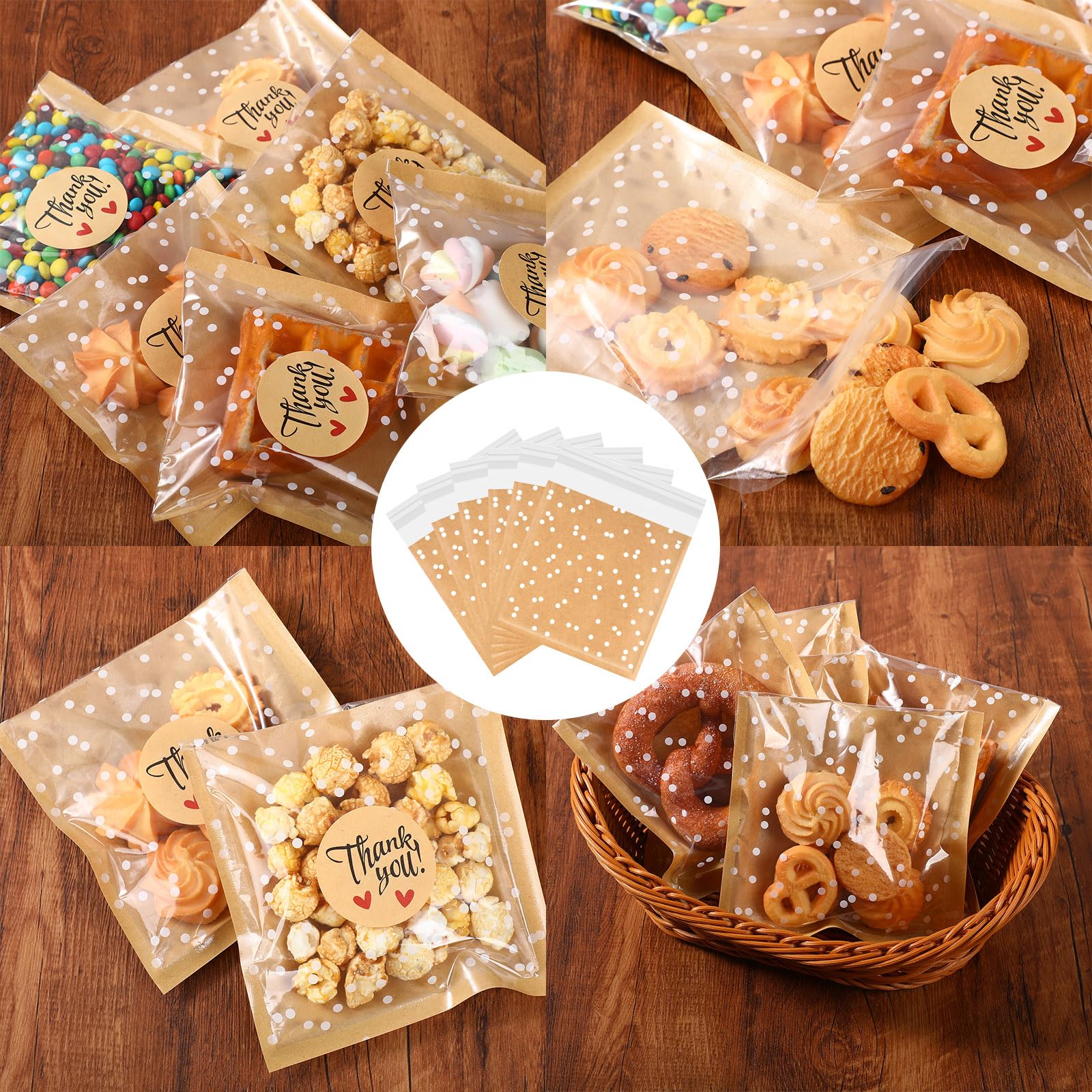 Fuyoooo 50 bolsas autoadhesivas para galletas, bolsas de celofán, bolsas de panadería de lunares blancos de 5.6 x 5.6 pulgadas, pequeñas bolsas de plástico marrón con calcomanías de agradecimiento