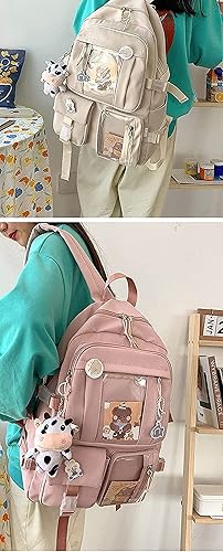 Miniatura 7 de Mochila Kawaii para niña, bonita mochila estética para la escuela, Beige, Mochilas Daypack