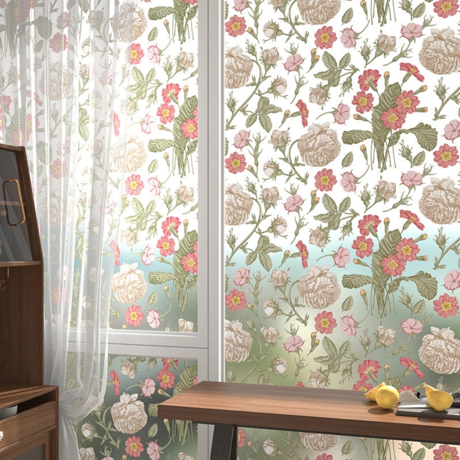 Vinilo Adhesivo Cristal Decorativo Flores Rosadas Blancas Vinilos para Cristales Privacidad Estatico Anti UV Reutilizable para Oficina Dormitorio Sala de Estar Vinilo para Ventanas
