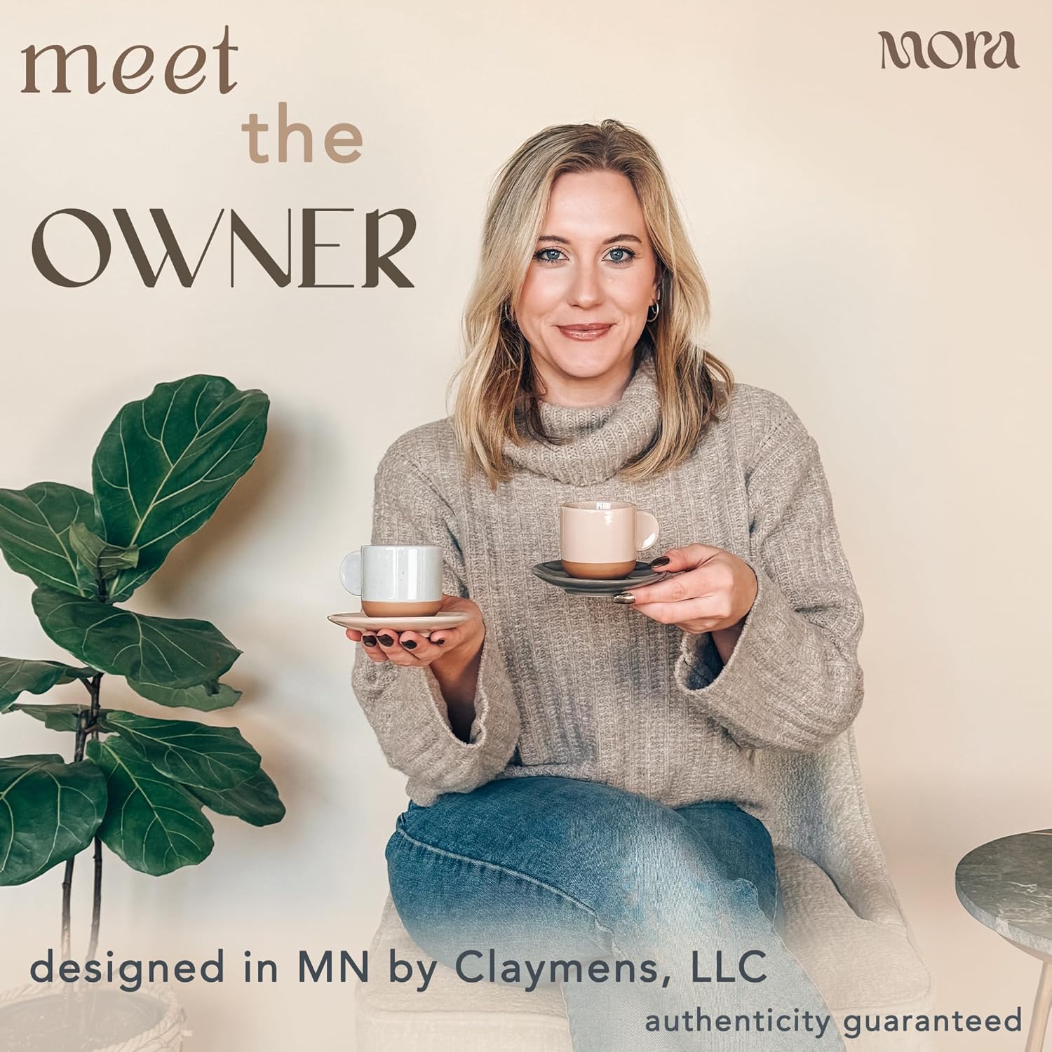 Mora Ceramic Mini Espresso Cups Set of 4, 3oz - Tiny Italian Inspired Mugs With Saucers For Small Shots of Coffee - Modern Boho Style For Any Kitchen or Cafe. Microwave Safe Porcelain - Asstd Neutrals