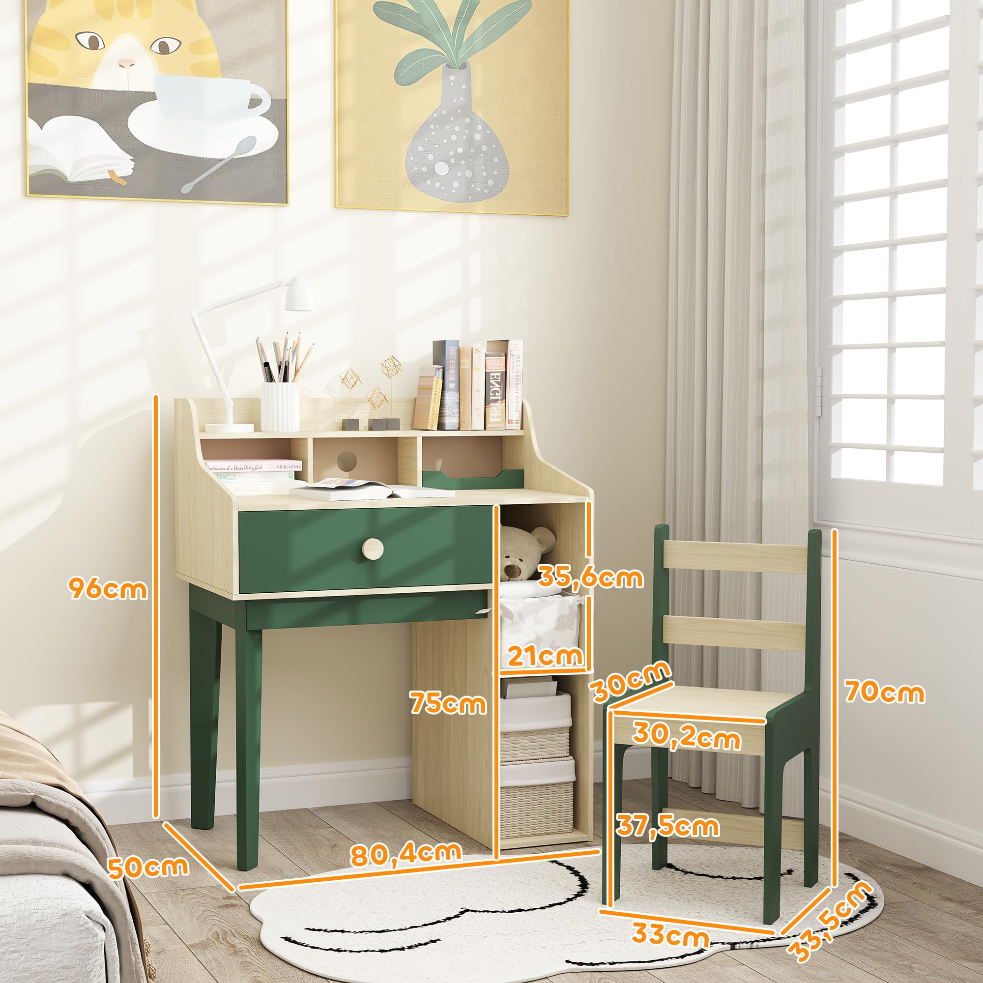 AIYAPLAY Ensemble Bureau et Chaise pour Enfant 3 à 10 Ans, Bureau Enfant Garçon Fille avec Chaise et Étagères, Table pour Étude et Travail, Vert et Bois Naturel