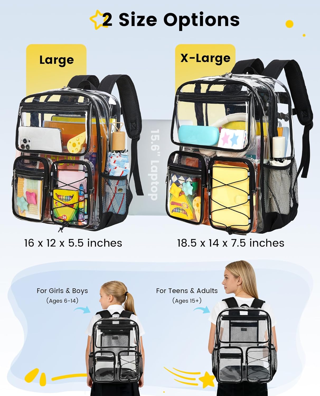 Vorspack Clear Backpack for School - Heavy Duty Clear Bookbag for Girls Boys Large Multi-Pocket See Through Backpacks for Teens, Travel, Work, Festival - Black - Image 2