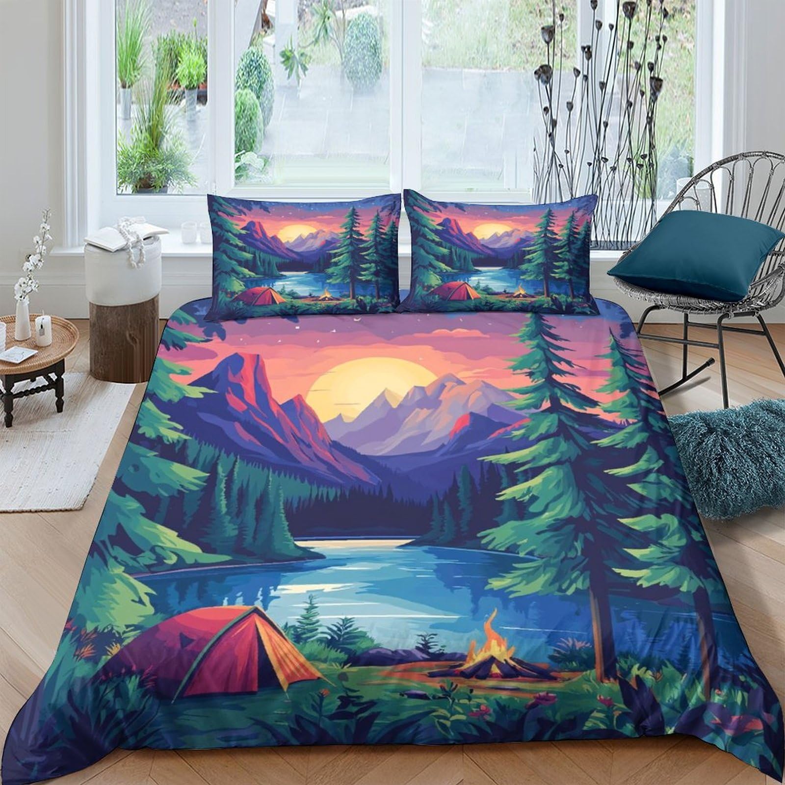 Ctjqhvkz Style-4 3D Printed Sunset Mountain Fitted Sheet Microfiber Scenic Forest Lake Bed Cover For Bedroom Guest Room Decor Single（135X200cm）