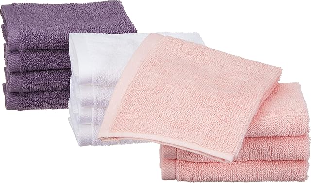 Amazon Basics Cotton Washcloths - 12-Pack, Petal Pink, Lavender, White