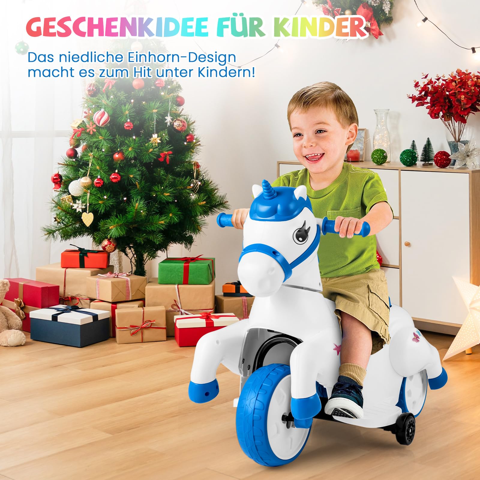 DREAMADE Kinder Elektroauto mit 2 Stützrädern, 3 km/h, Elektrisches Kinder Aufsitzauto mit Musik, Plüsch-Aufsitzspielzeug Kinderfahrzeug, Elektro Kinderauto für Kinder ab 3 Jahren (Blau)