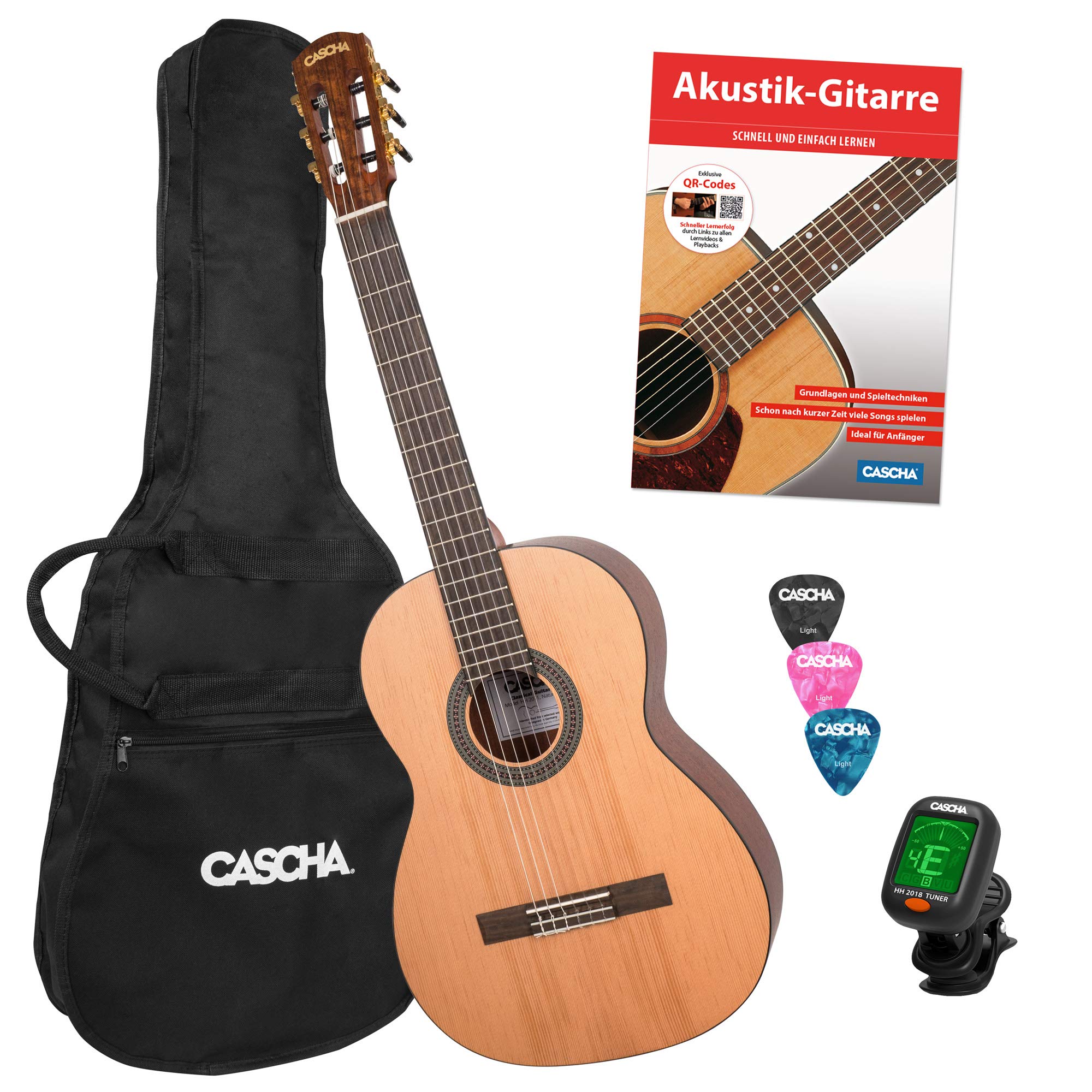 CASCHA 4/4 Konzert-Gitarre Einsteiger-Set I inkl. Lehrbuch QR-Codes - Tasche - Stimmgerät - Plektren I für Anfänger & Kinder ab 10 Jahre - ideal zum Gitarre lernen I Akustik-Gitarre mit Nylon-Saiten
