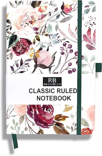 Miniatura 1 de RICCO BELLO Cuaderno de tapa dura a rayas, clásico, para colegio o diario, cierre de banda elástica, soporte para bolígrafo, bolsillo interior, 5.7