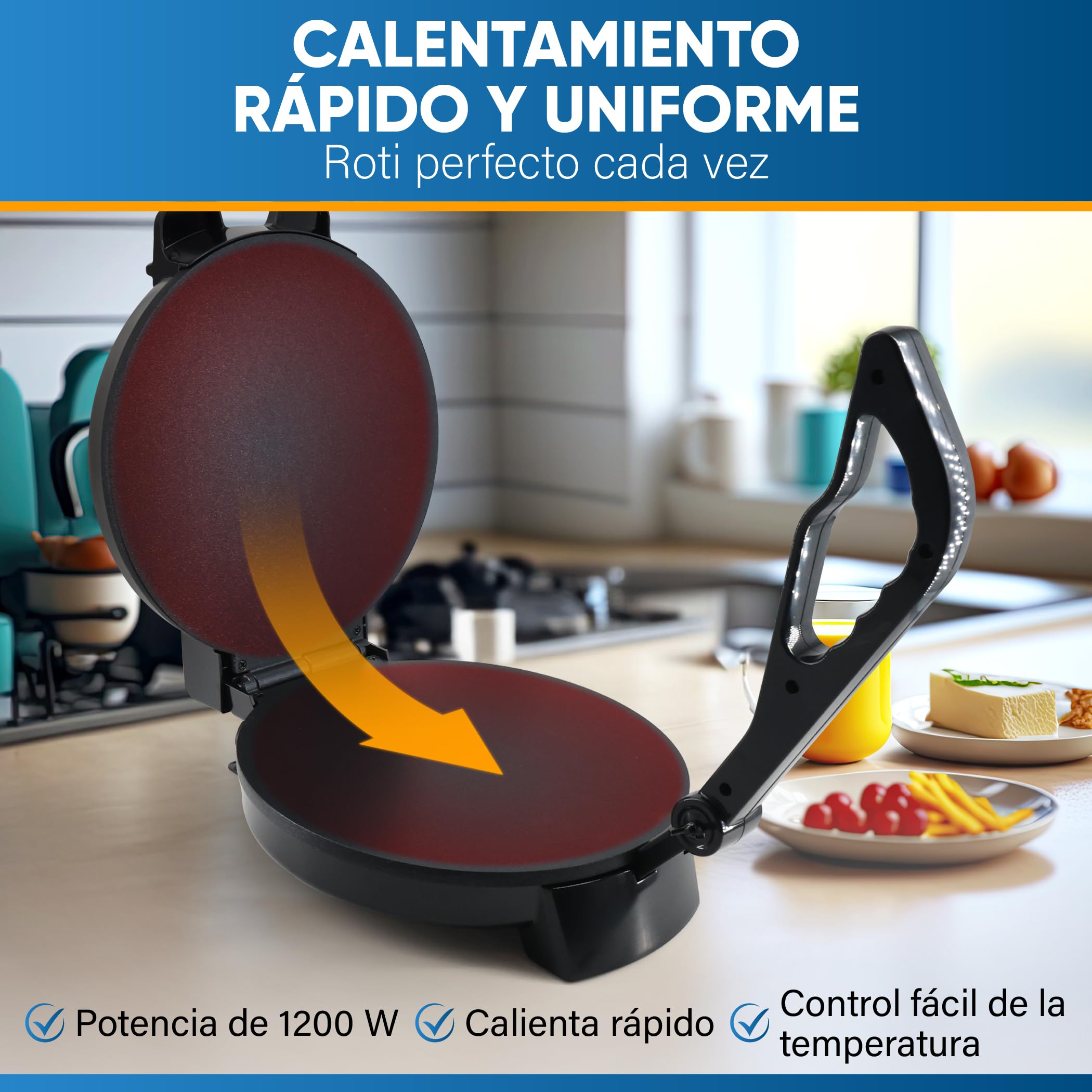 StarBlue Roti-Maker de 25,4 cm con calentador Roti gratuito y mango extraíble – Indian Chapati Tortilla, Roti AC220-240V 50/60Hz 1200W, enchufe europeo