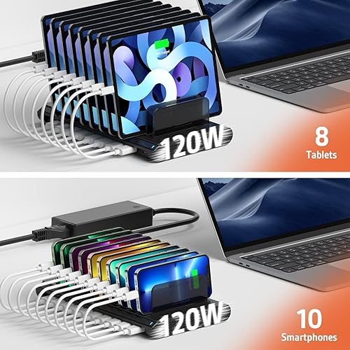 Miniatura 4 de Alxum Estación de carga USB, estación de carga rápida de 120 W y 10 puertos para múltiples dispositivos con puerto tipo C2 QC 3.0 para