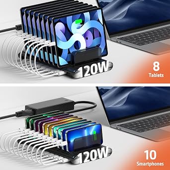 Alxum USB Charging Station, Fast 120W 10 Port Phone Tablet Charging Station for Multiple Devices with Type C/2 QC 3.0 Port for iPad/iPhone/Galaxy/Kindle/Fire, Devices Organizer, UL Certified, Black
