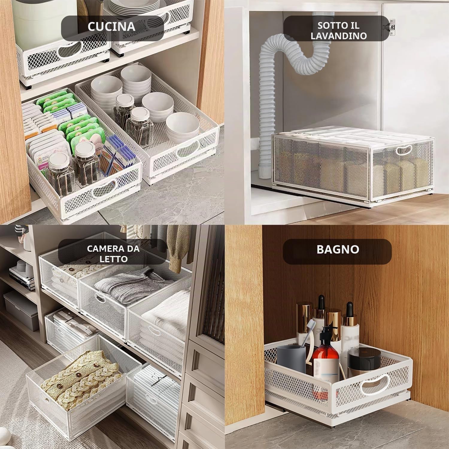 Cestello scorrevole per armadietto, organizer per cassetti, autoadesivo, per dispensa, resistente, in acciaio al carbonio, con maniglia, per bagno, cucina, casa