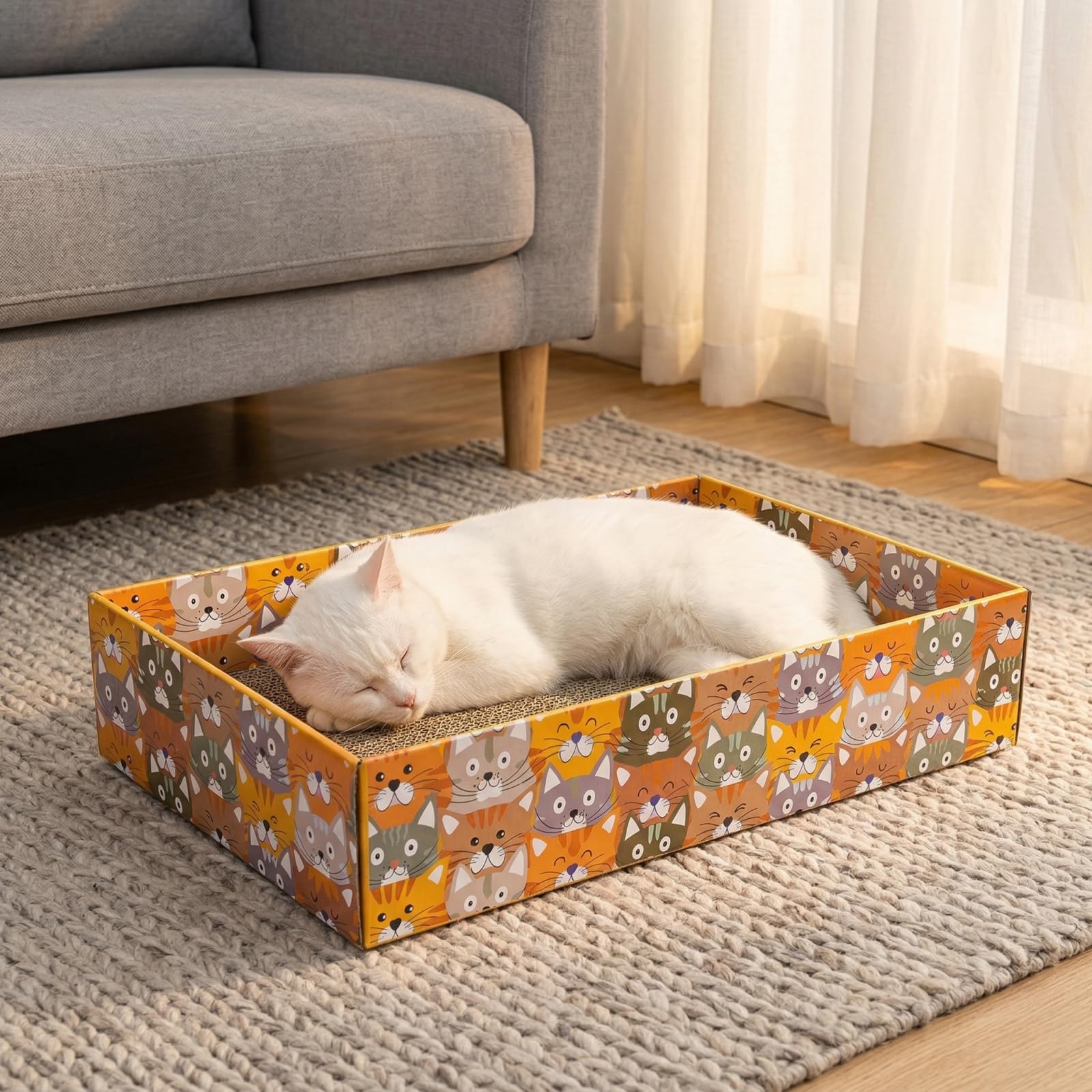 Pumtus Juego de 2 rascadores de cartón para gatos, 6 almohadillas corrugadas para gatos con 2 cajas, bonito sofá cama reversible para gatitos, salón recargable en forma de onda, juguete interactivo