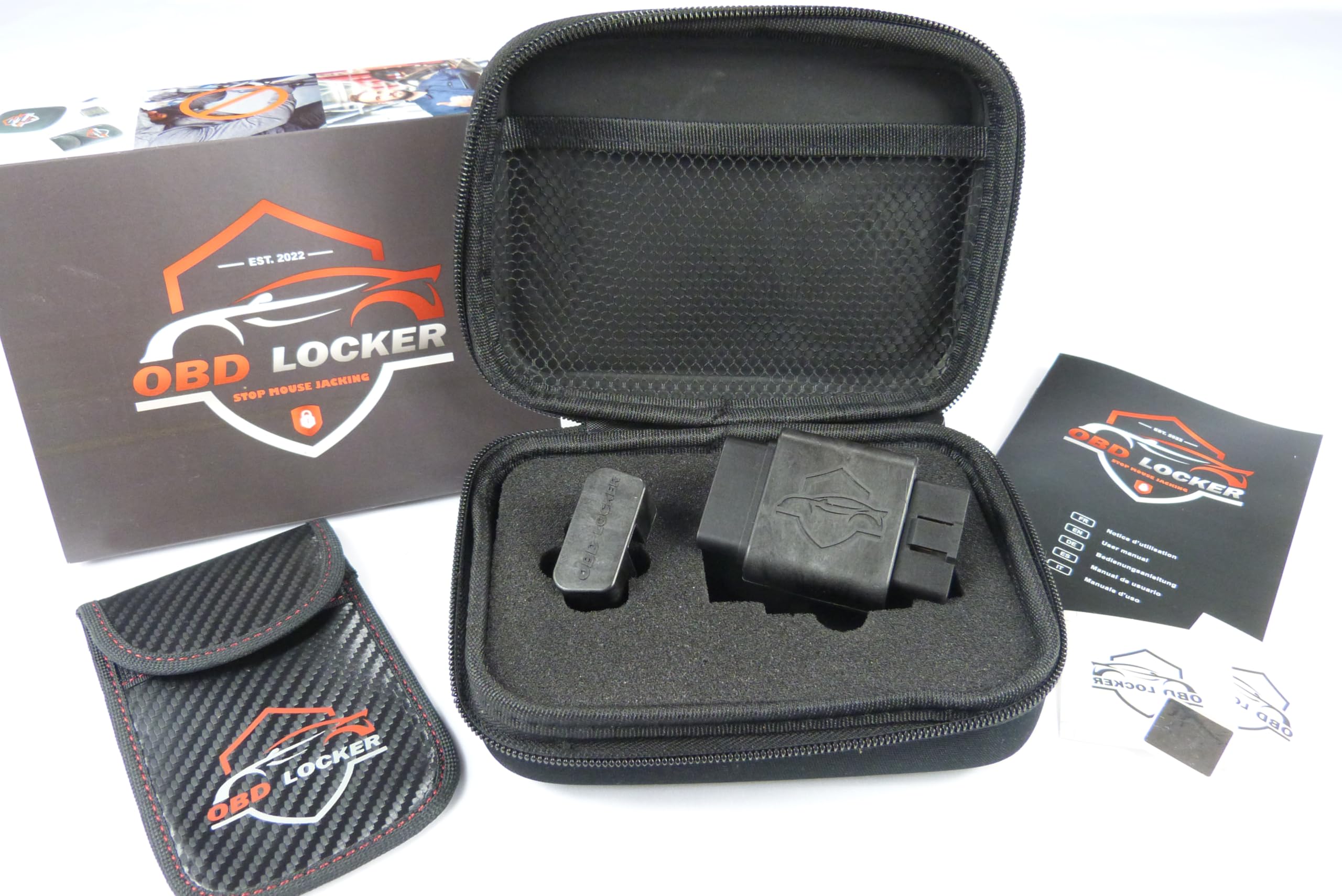 Antivol Prise OBD2 Codage Unique | Protection Contre vol électronique Voiture | Étui + Pochette RFID + Autocollants Inclus