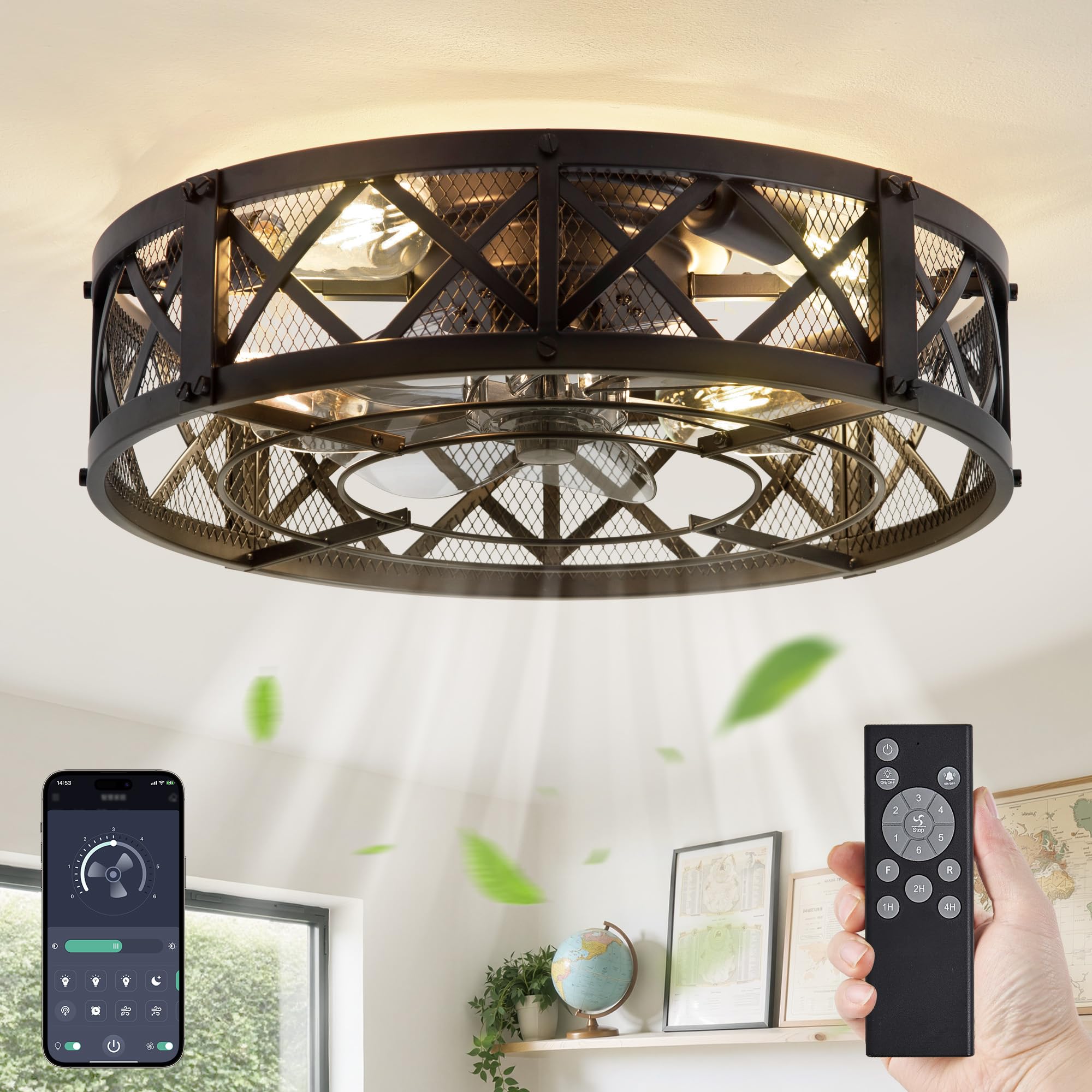 lediary 20" caged ceiling fan with light, app&remote control, small flush mount farmhouse fan lights, low profile rustic bladeless ceiling fan fixtures for bedroom, kitchen-black color