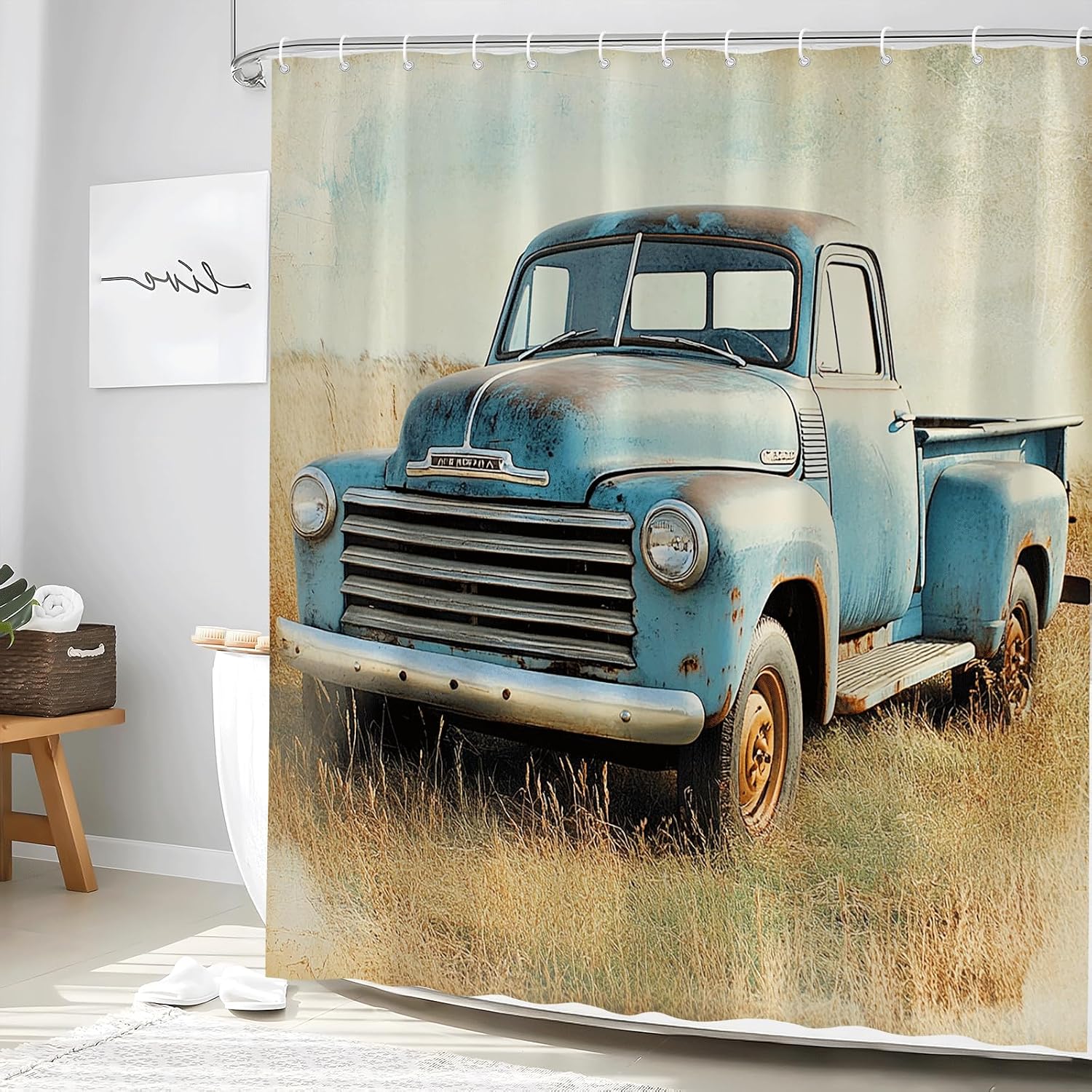 Vintage Farm Truck Shower Curtain Rustic American Old Antique Car Farmhouse Western Country Natural Scenery Fashion Art Polyester Bathroom Accessories Set with Hooks 70W x 70H inch image 2