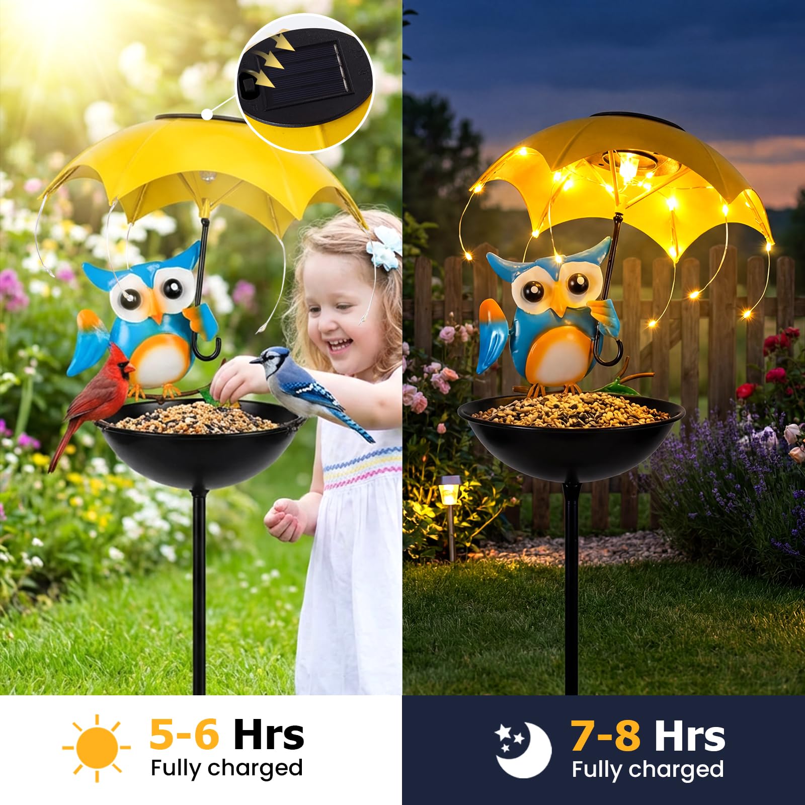 Solar-Vogelfutterspender für den Außenbereich, Eulen-Gartendekoration mit LED-Lichtern, dekorative Wildvogel-Kardinäle, Kolibri-Futterspender, Frühlingsbereiter Hofweg, Rasen-Omamente, Gartengeschenke