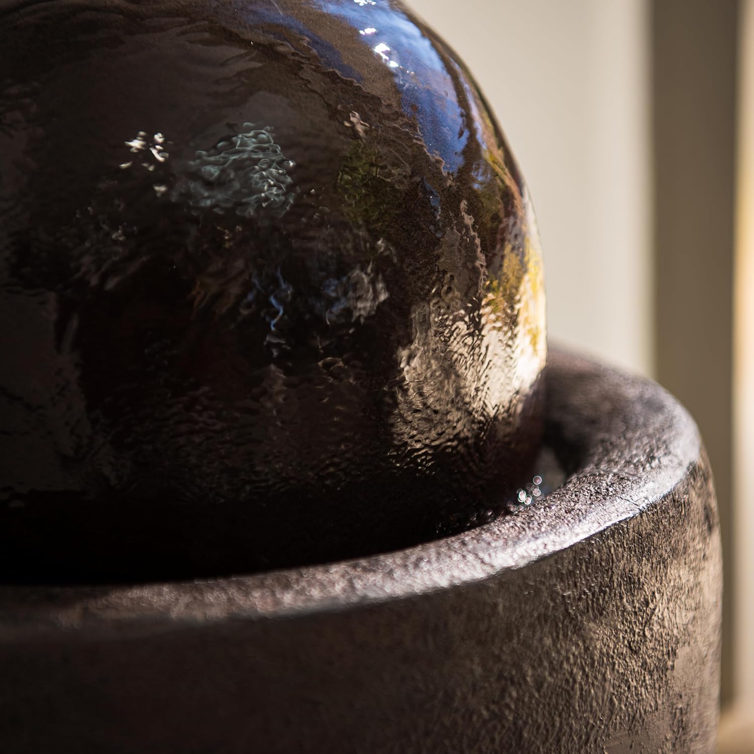 XBrand 25.98" H Black Round Stone Indoor/Outdoor Modern Sphere Water Fountain with LED Lights – Ball Bubbling Fountain Décor for Garden, Patio, or Tabletop