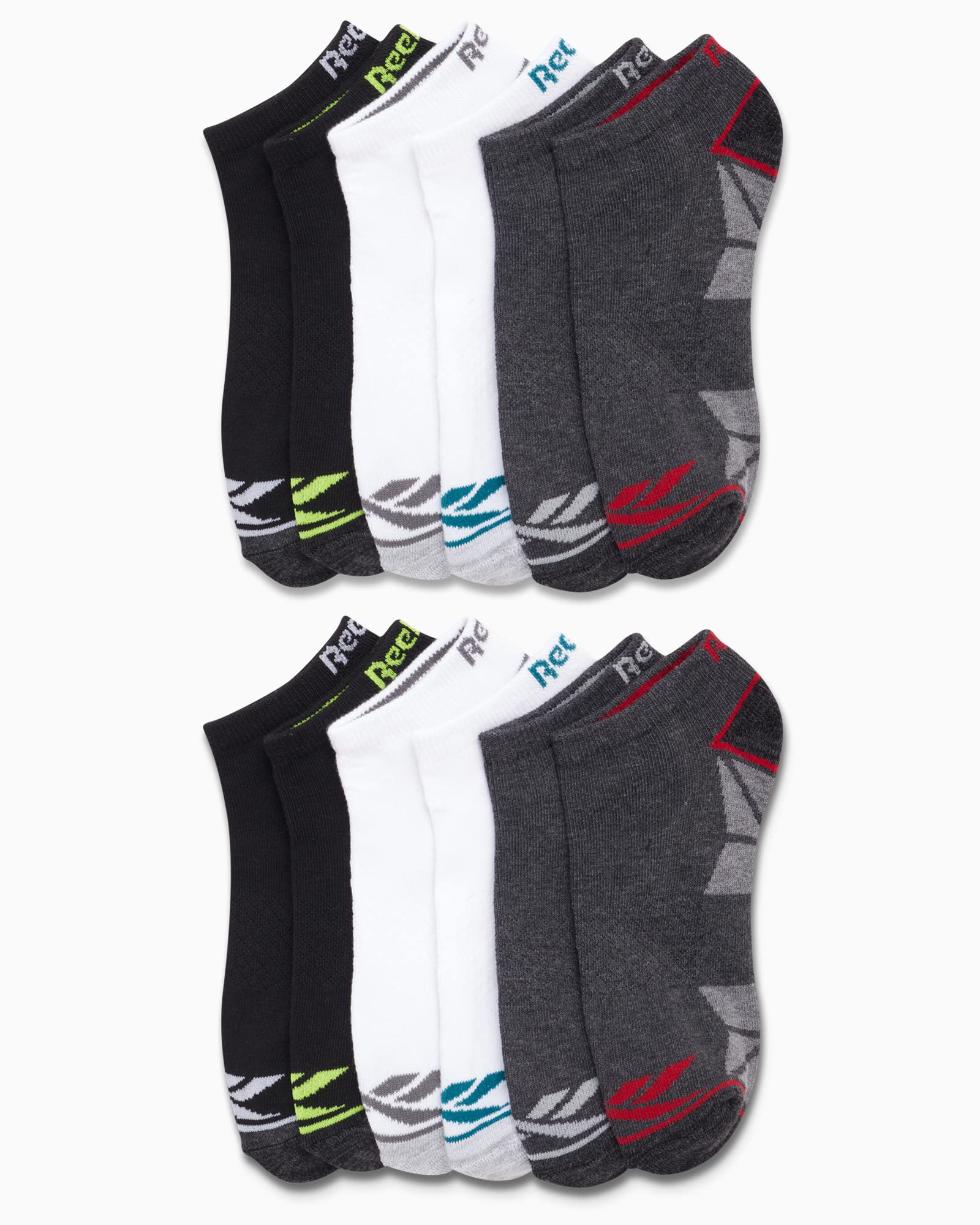 Reebok Boys' Low Cut Socks - 12 Pack Stretch Performance No Show Socks with Arch Support - Cushioned Athletic Socks for Boys, Size Large, White/Grey/Black