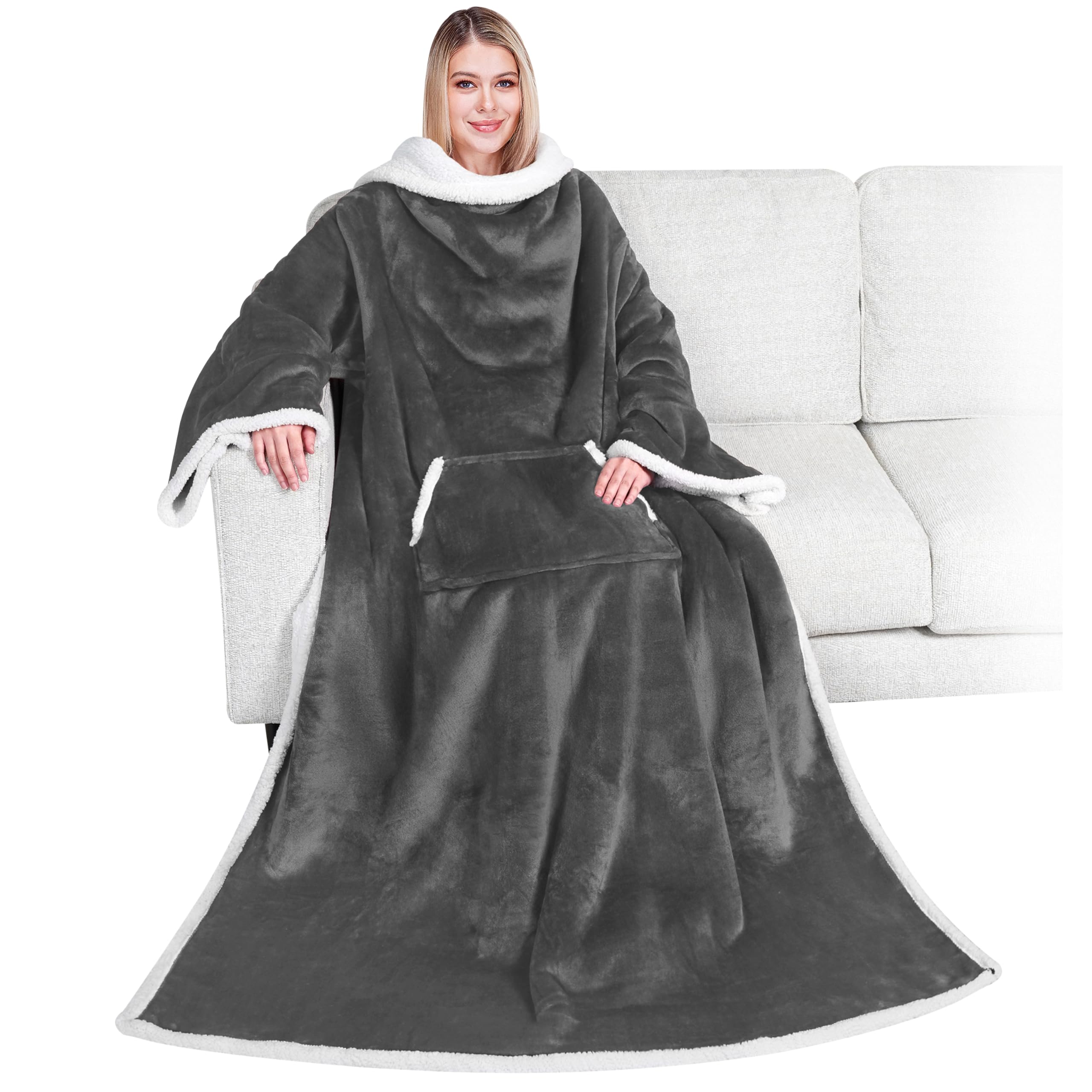 PAVILIA Sherpa Wearable Blanket with Sleeves and Pocket, Plush Thick Cozy Body Blanket Wrap for Adult Women Men, Christmas Gift for Wife Mom, Dark Grey