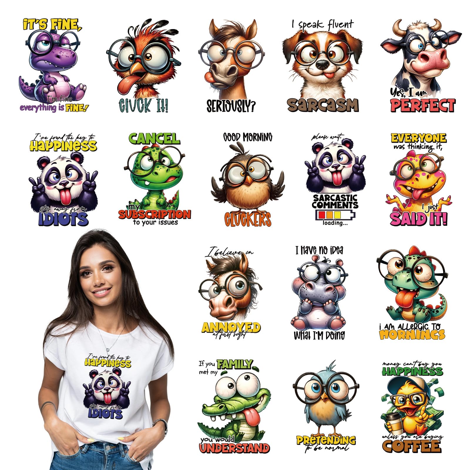 INCOK Funny Animals Iron on Transfers - 16 Sheets Sarcastic Quotes Iron on Decals Patcher DTF Ready to Press Heat Transfers Stickers for T Shirts