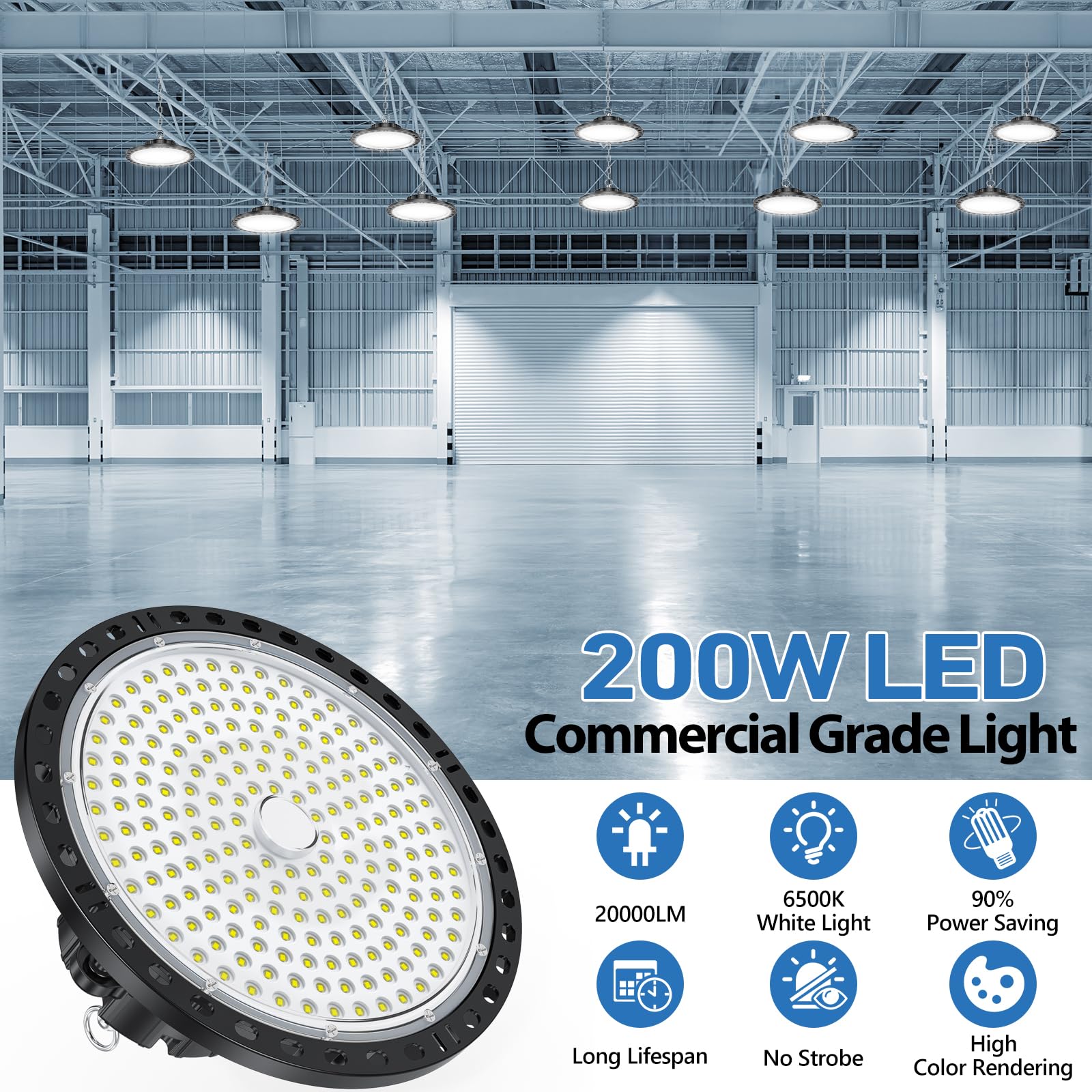 UFO Focos LED Techo - 2 Piezas 200W 20000LM Lampara Industrial Techo con Transformador LED, IP65 Impermeable 6500k Blanco Frío Luces de Garaje para Garaje, Fábrica, Taller, Granero, Tienda