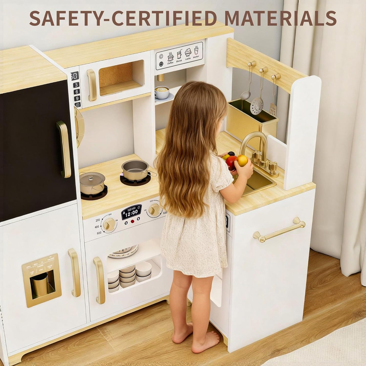 Kids Kitchen Playset with Lights & Sounds, Wooden Corner Play Kitchen with Sink,Oven, Ice Maker & Pretend Play Accessories, Educational Toy Kitchen Set for Toddlers, White