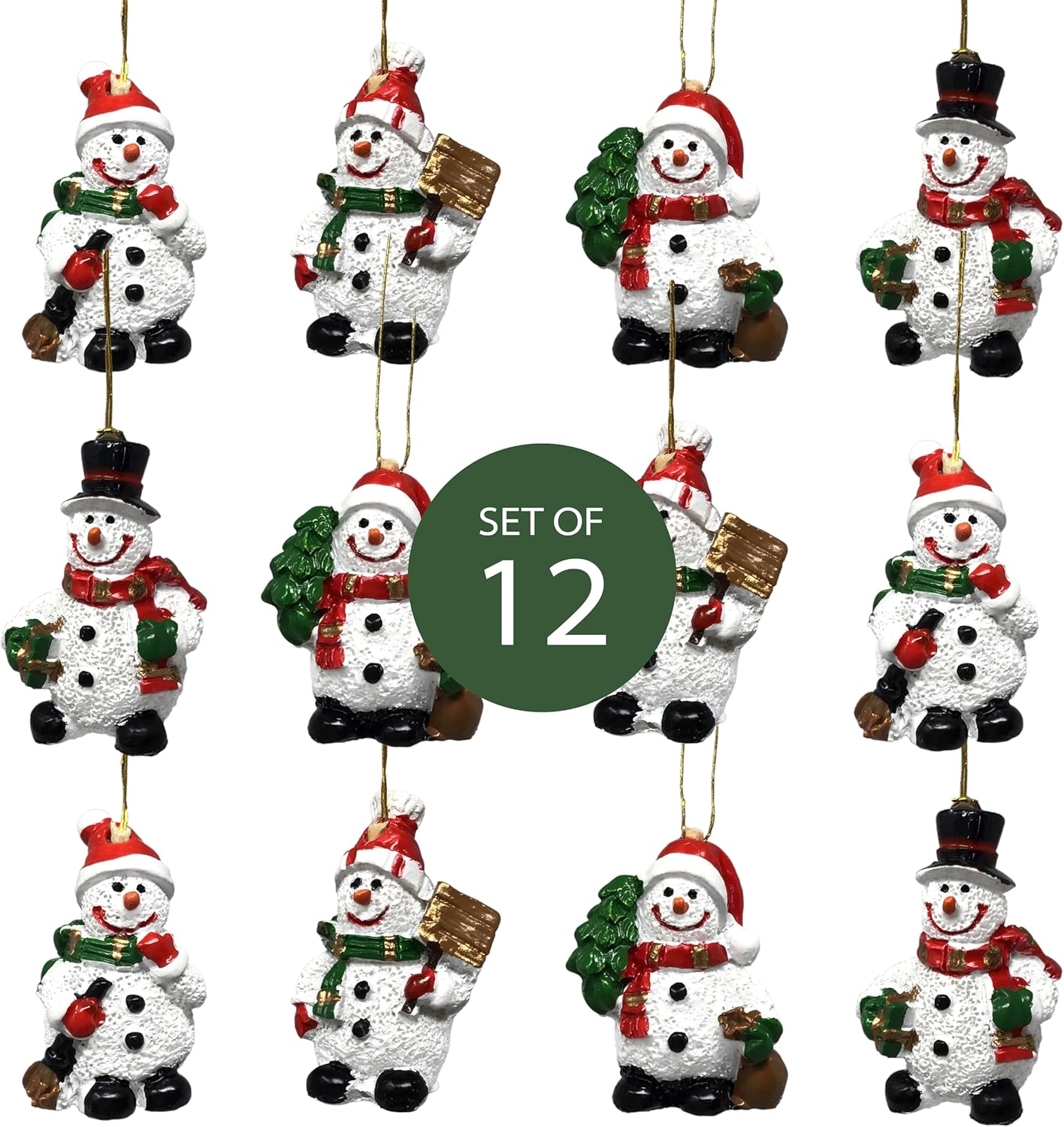 Snowman Hanging Christmas Tree Ornaments - Set of 12 - Snowmen with Red, Green and Gold Accents - Four Assorted Designs - Each Measures 1.25" H - Image 3