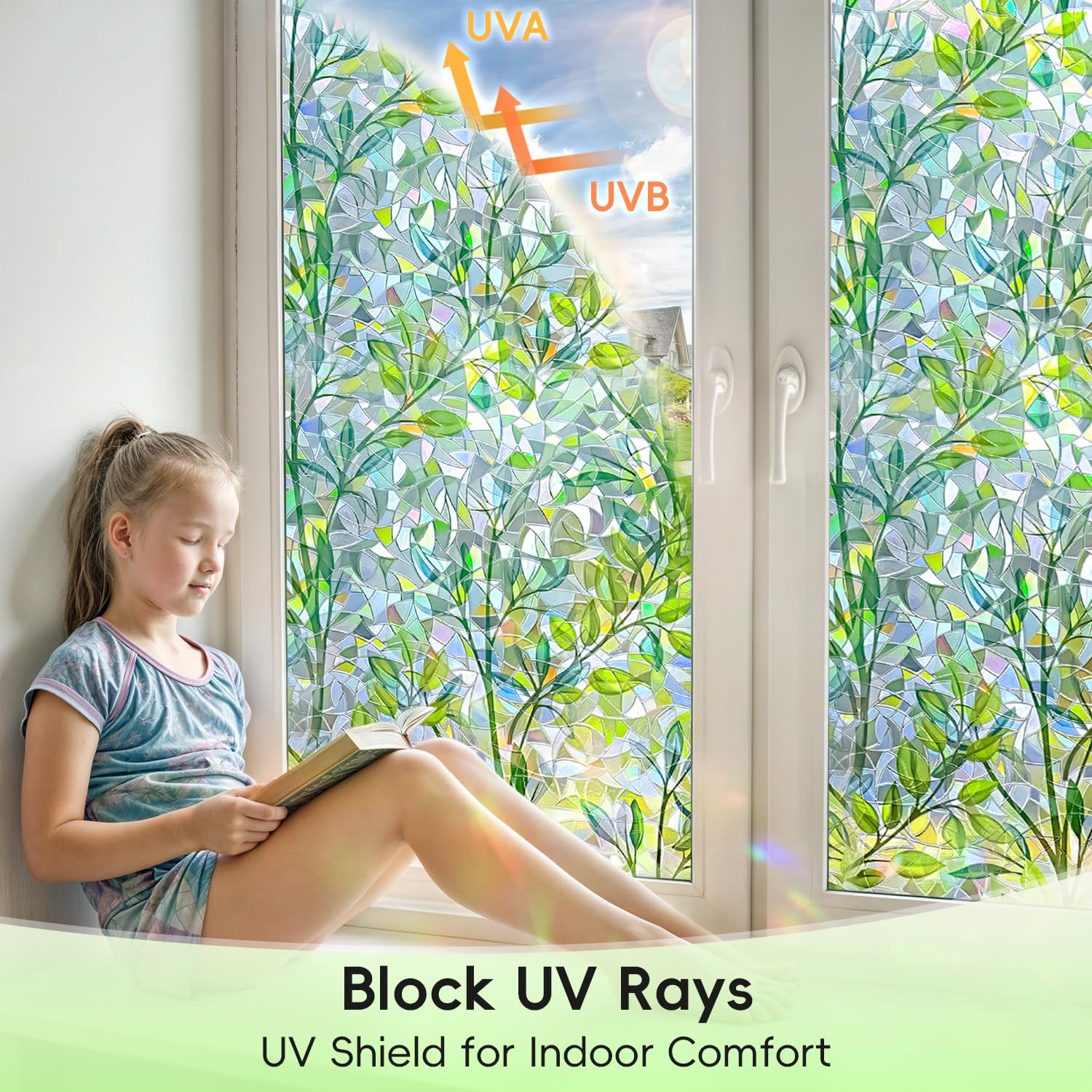 DUOFIRE Sichtschutzfolie für Fenster, dekorativ, Buntglas, Regenbogen-Laub, Fensterfolie, UV-Schutz, nicht klebend, statisch, wiederverwendbar, bunt, Fensteraufkleber für Zuhause, 90 x 200 cm