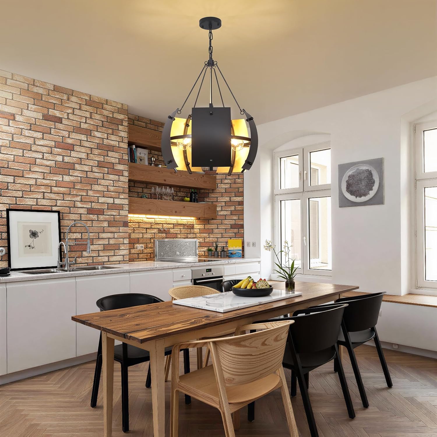 19.1" Black and Gold Chandeliers for Dining Room，5-Light Modern Industrial Light Fixture,Adjustable Hanging Drum Chandelier for Kitchen Island Hallway Entryway Foyer