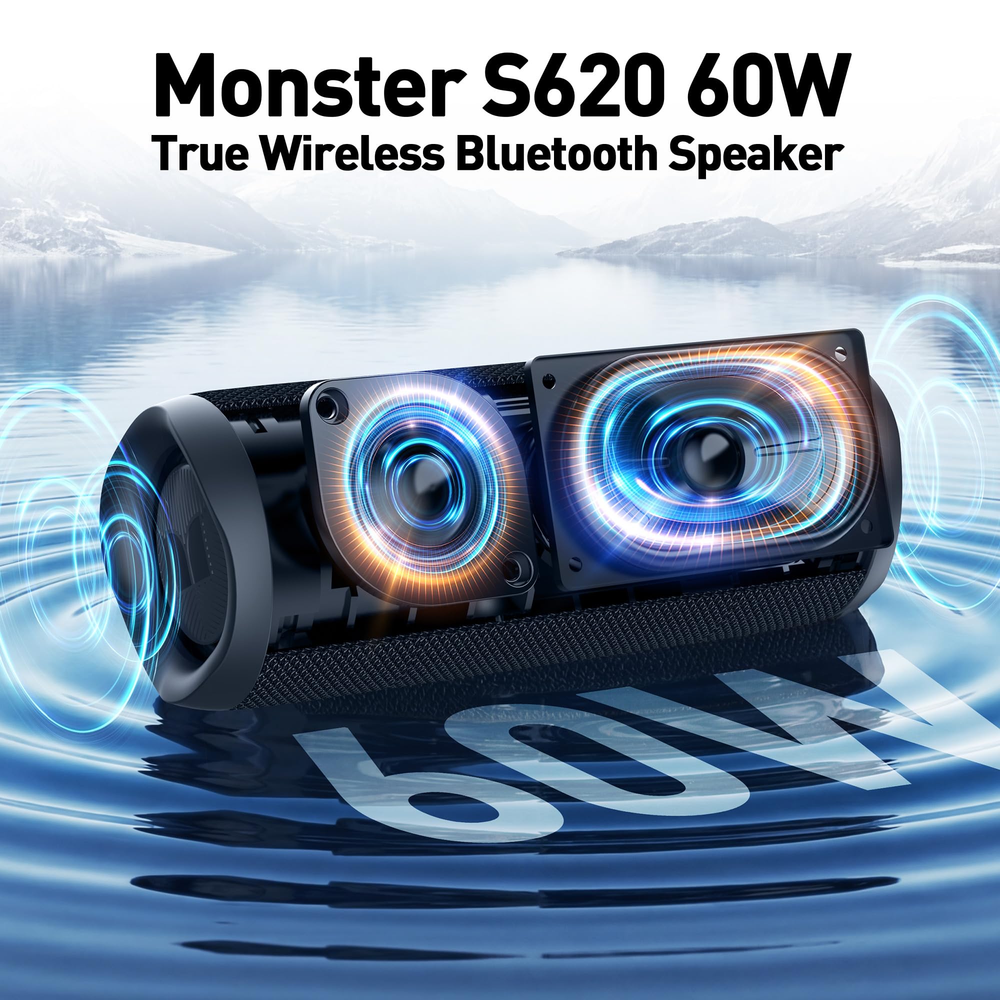 Monster Bluetooth Speaker, Wireless Portable Outdoor Bluetooth Speakers, 60W True Wireless Stereo IPX8 Waterproof, Dual PairingBluetooth 5.4 Built-in Mic, Outdoor Speaker — view 2