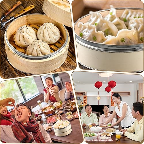 Miniatura 3 de Juego de 2 cestas de vapor de bambú de 2 niveles, incluye anillo de vapor de acero inoxidable, molde y cortador de cuchara de carne, 2 pares de