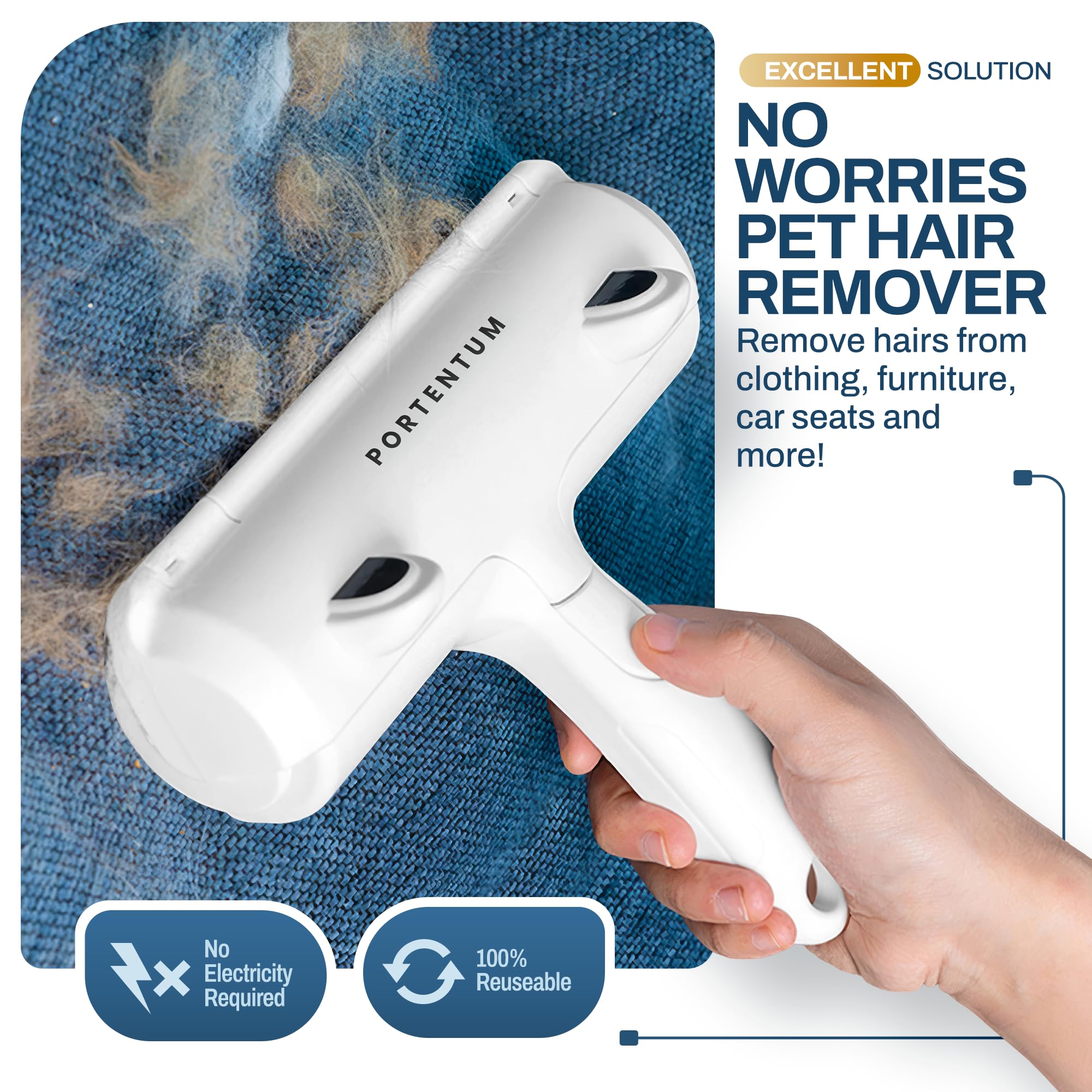 PORTENTUM Pet Hair Remover Roller, Reusable Animal Hair Removal Brush for Dogs and Cats, Easy to Clean Fixed Areas Pet Fur from Carpet, Furniture, Rugs, Stairs, bedding and Sofa - Image 2