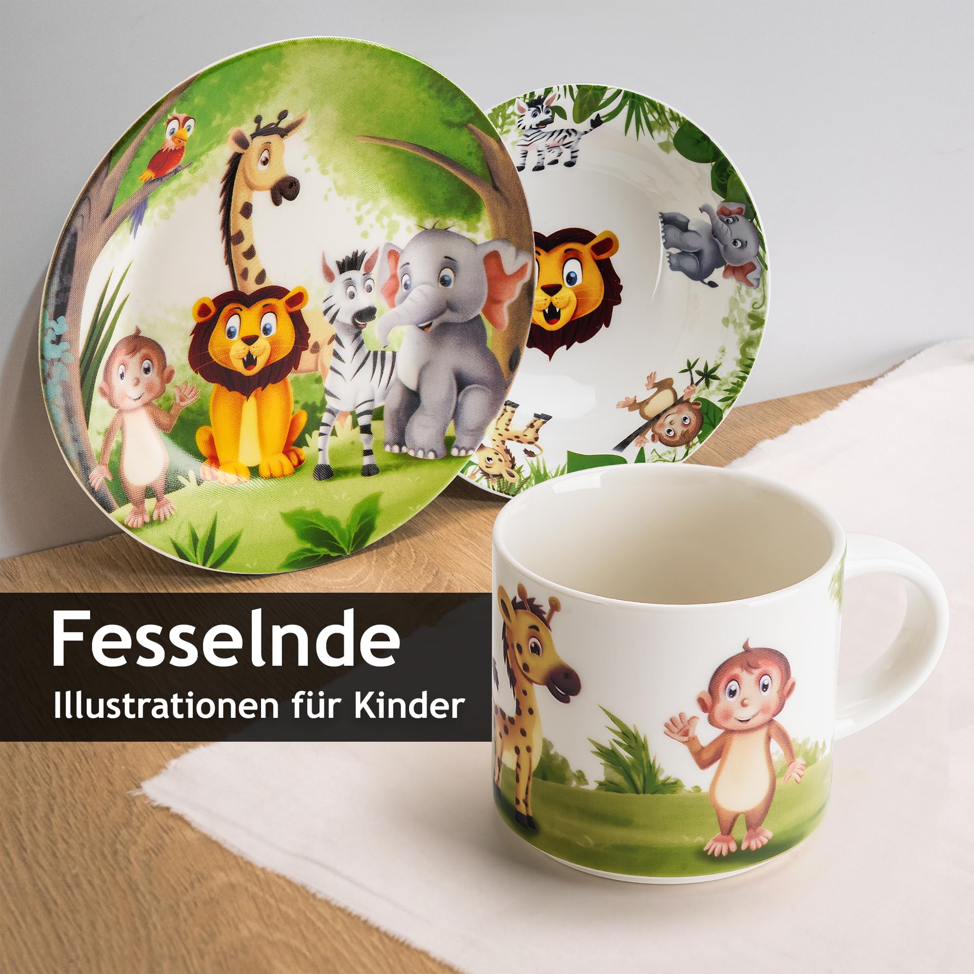 MIAMIO - 3er-Set Kindergeschirr/Porzellan Kinderbesteck, Kindergeschirr-Set aus Porzellan - Inklusive Teller, Schüssel und Tasse - Für Kinder und Kleinkinder (Dschungel) Jungle Grün
