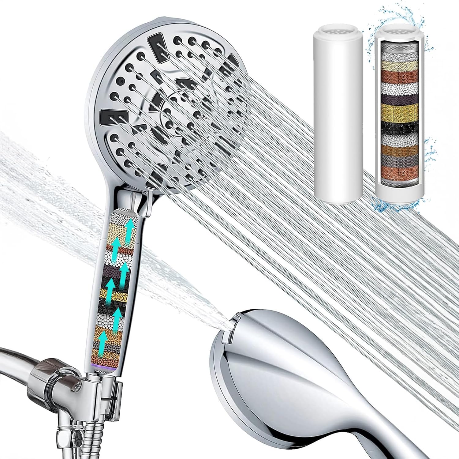 Modern 9-Setting Stainless Steel Shower Head with Handheld, 5-Inch Large Shower Head and 60-Inch Hose, 8 Spray and 2 Jet Modes, Powerful Filters and Water Saver Included