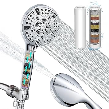 Modern 9-Setting Stainless Steel Shower Head with Handheld, 5-Inch Large Shower Head and 60-Inch Hose, 8 Spray and 2 Jet Modes, Powerful Filters and Water Saver Included