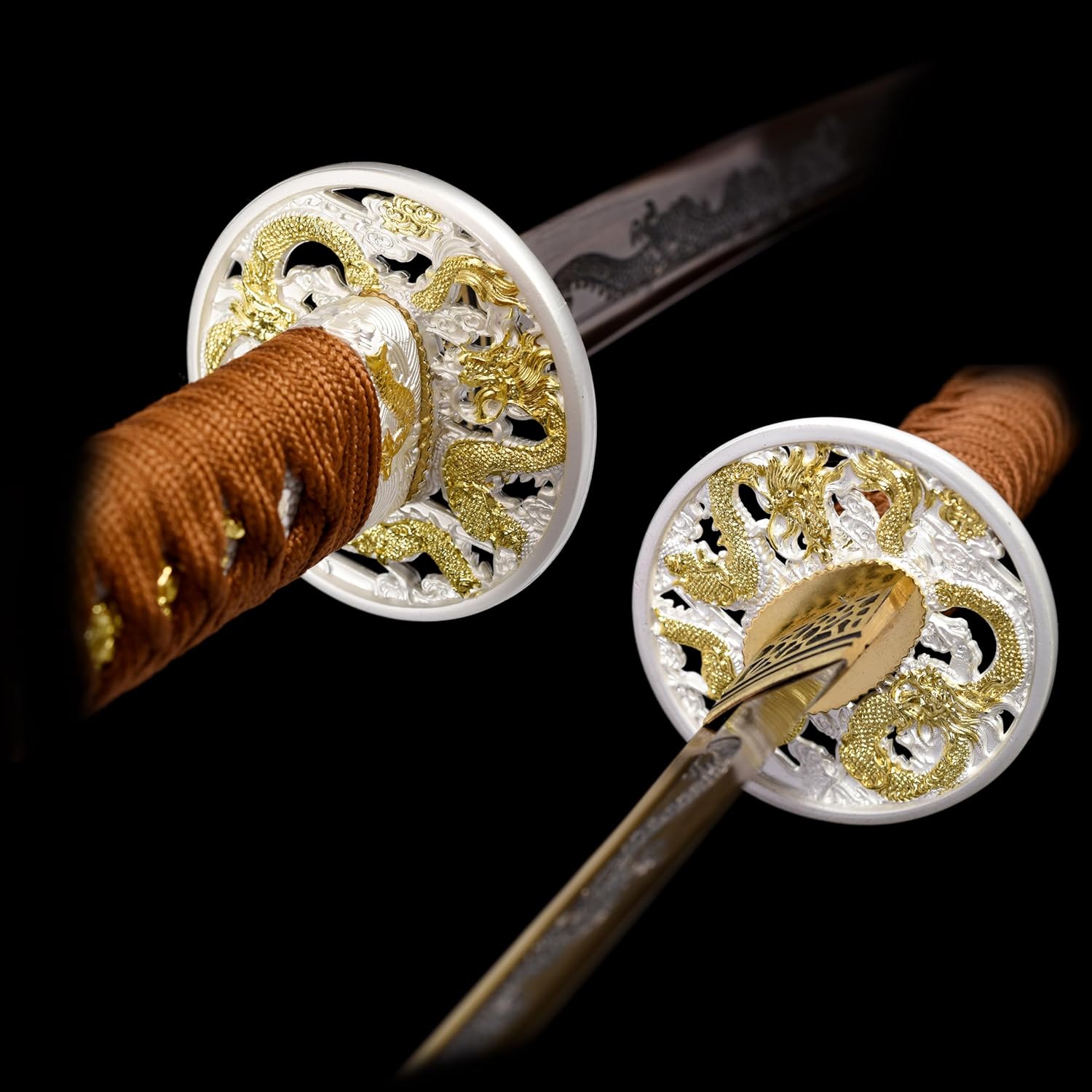 Japanese Samurai Sword Carbon Steel Roasted Gold Engraved Dragon 40.5inch/103cm Full Tang Handmade Katana Sword