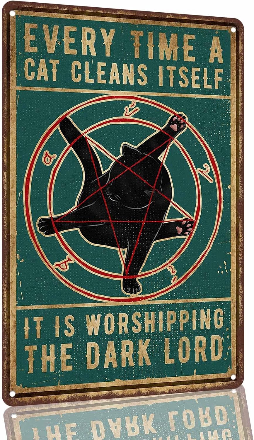 Cat Worships the Dark Lord 8 x 12 Inch Aluminum Metal Sign