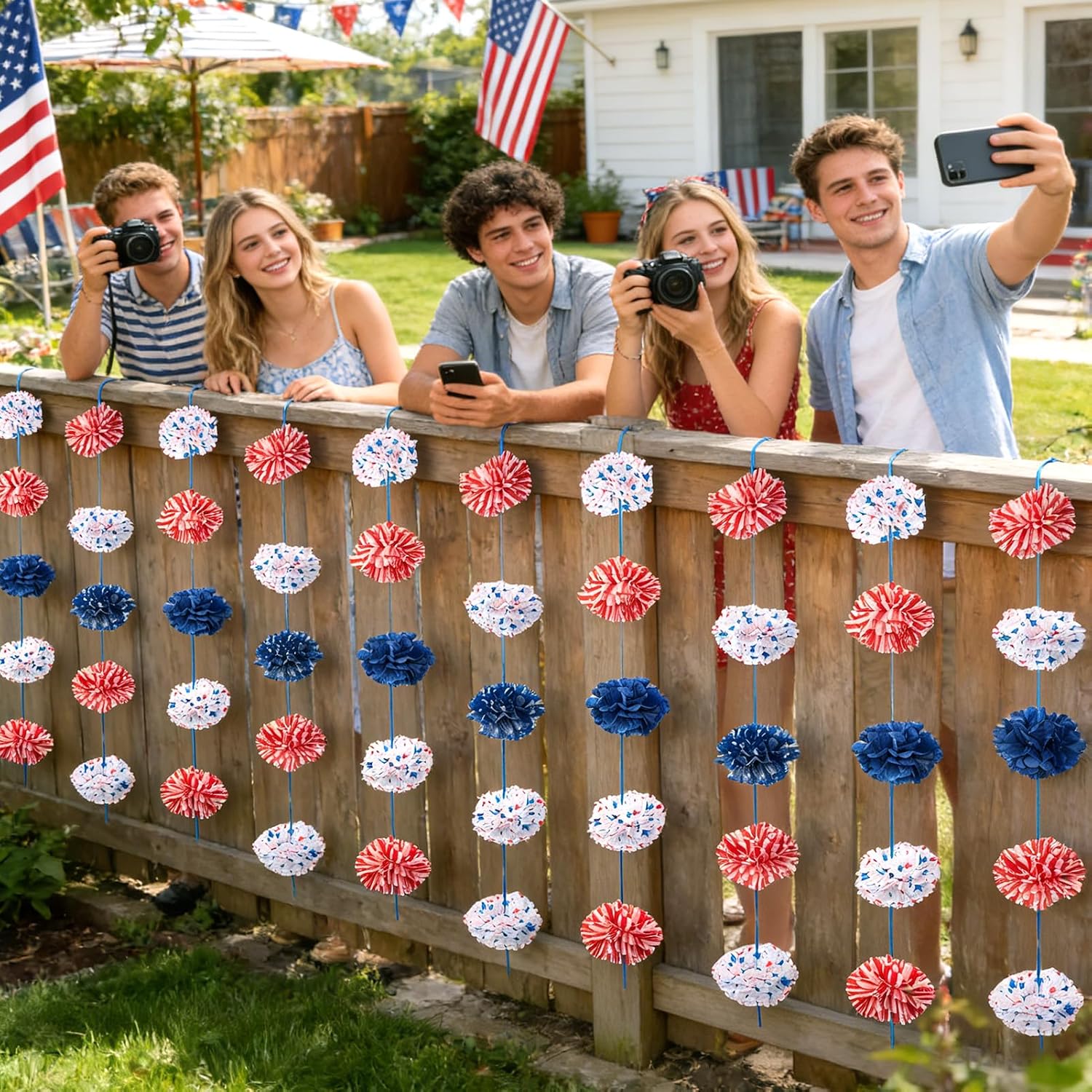 Homarkable Red White and Blue Tissue Paper Pom Pom Garlands, Patriotic Decorations, Paper Pompom Decors for Memorial Day, Fourth of July Independence Day Supplies Party Decor