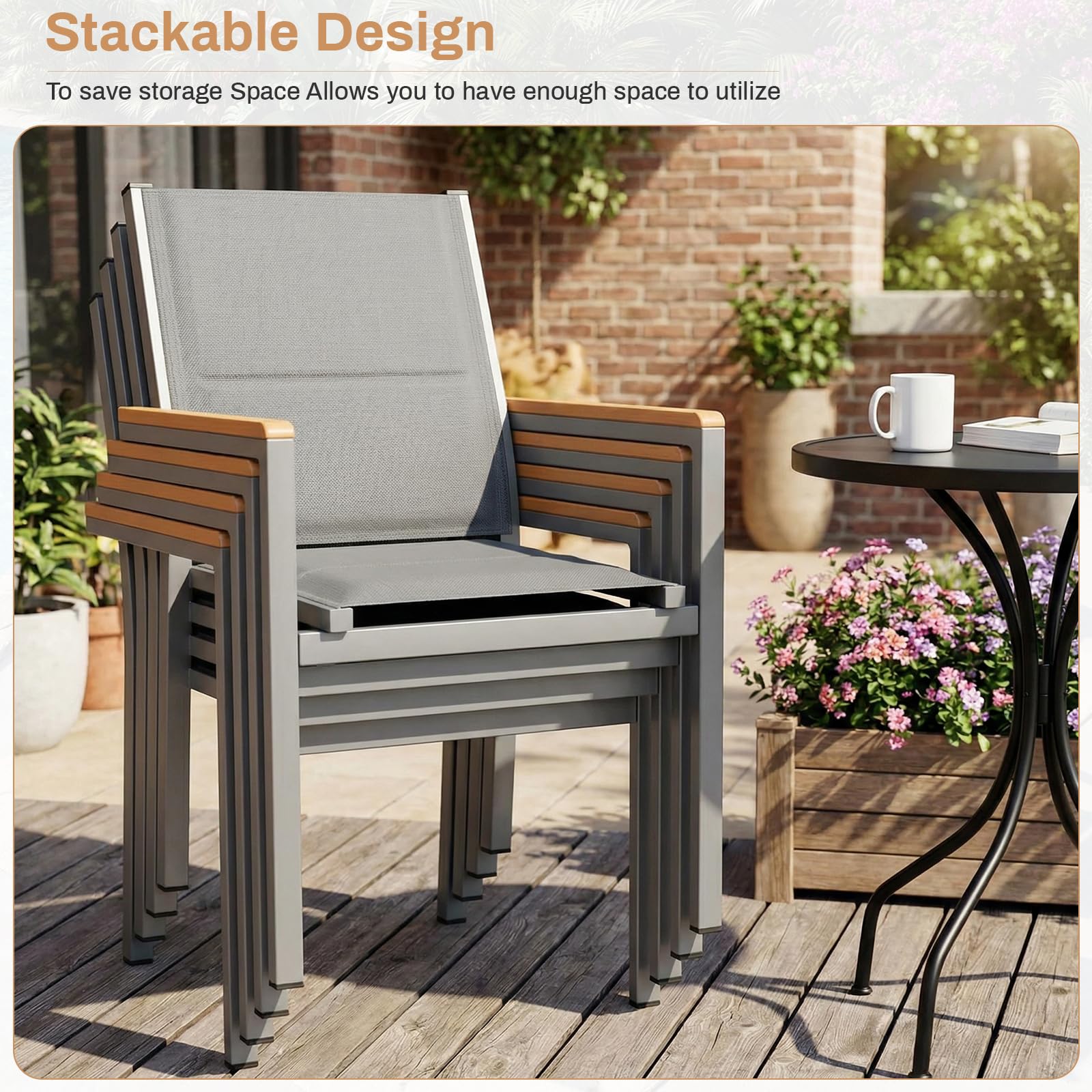 LIFERUN Juego de 2 sillas de jardín de aluminio, con respaldo acolchado y asiento, silla de comedor apilable, pasamanos de WPC, sillas de balcón, para terraza, balcón, terraza, piscina, restaurantes