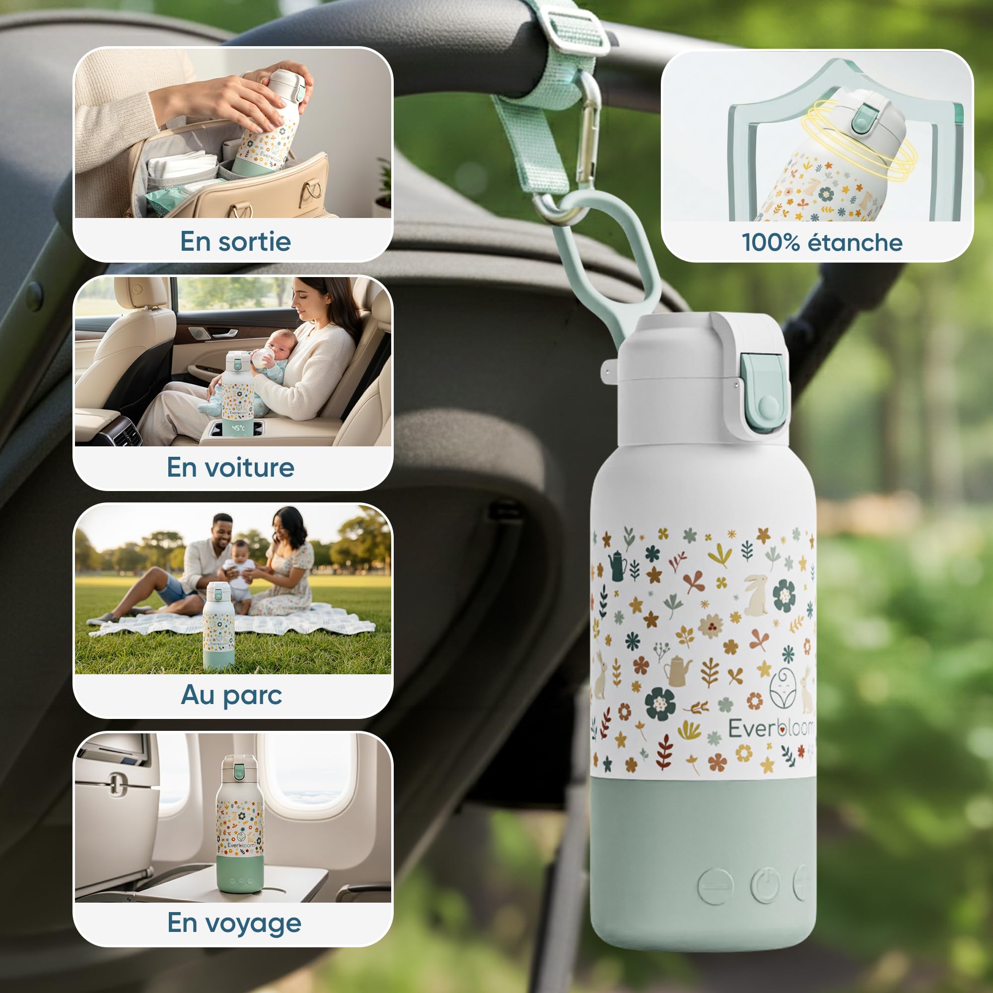 EVERBLOOM Chauffe Biberon Nomade Portable, Sans Fil, 500 ml, Chauffe Rapide | Pour lait maternel et infantile : chauffe en moins de 2 min,températures réglables au degré près, idéal voyage et voiture.