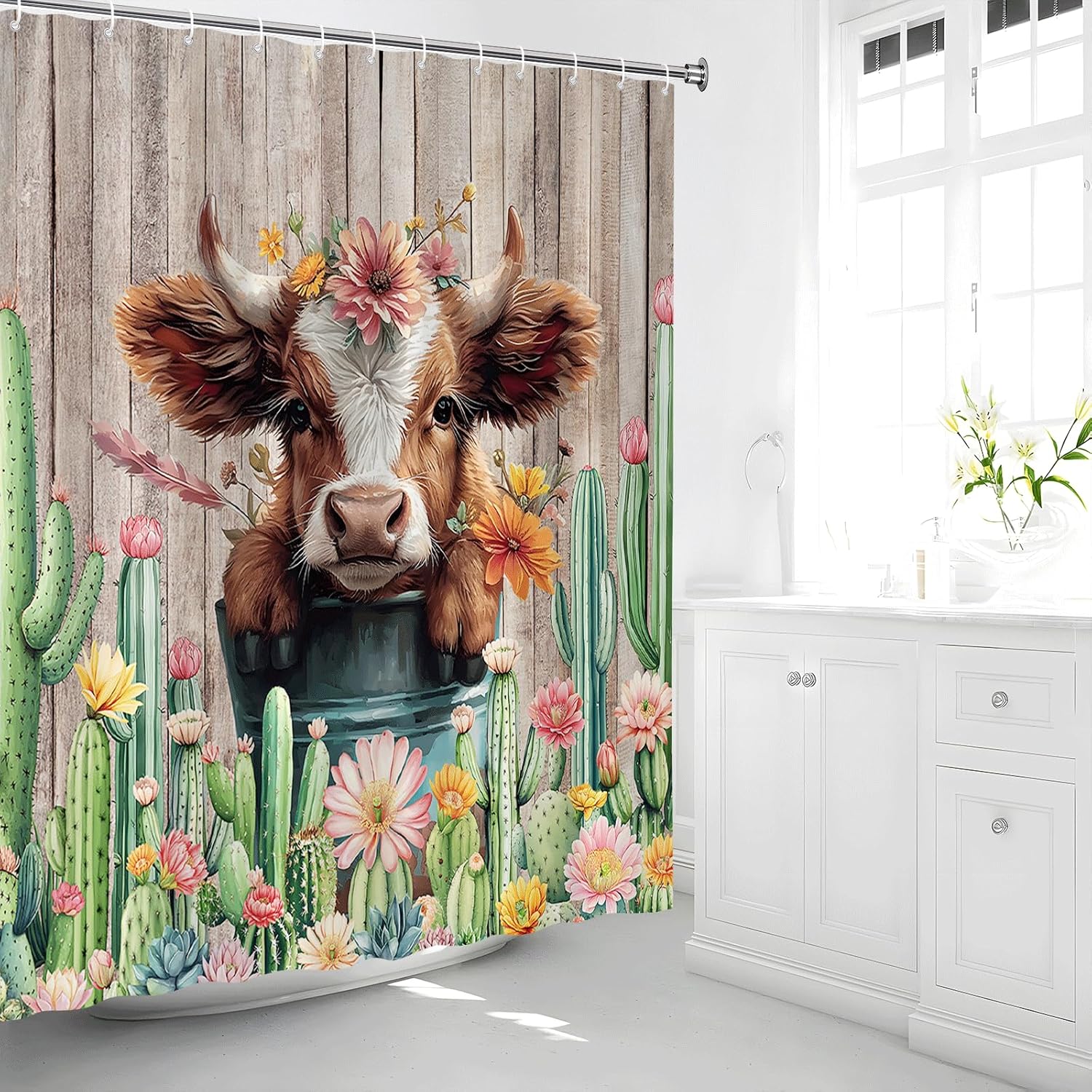 Farmhouse Highland Cow Shower Curtain Western Spring Rustic Funny Calf Country Bull Animal Wood Tropical Cactus Floral Flower Plant Botanical Bathroom Decor Set Fabric wiht Hook 70Wx90H Inch
