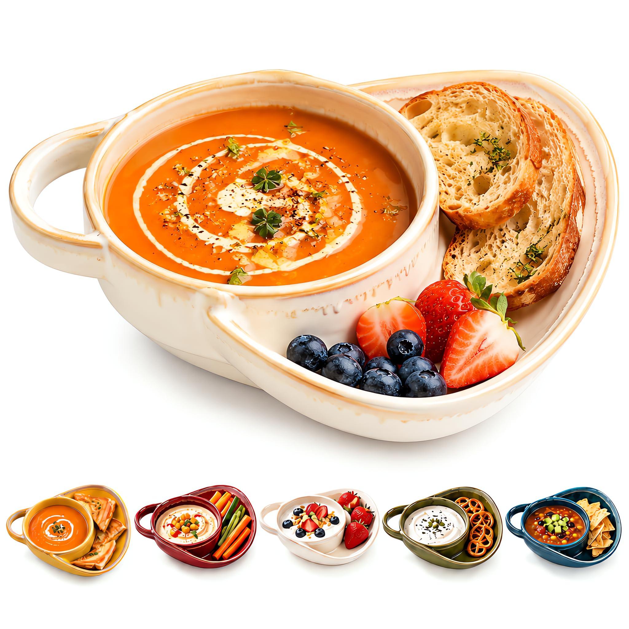 Ceramic Soup and Sandwich Bowl with Side Plate, Soup Bowl (Beige)