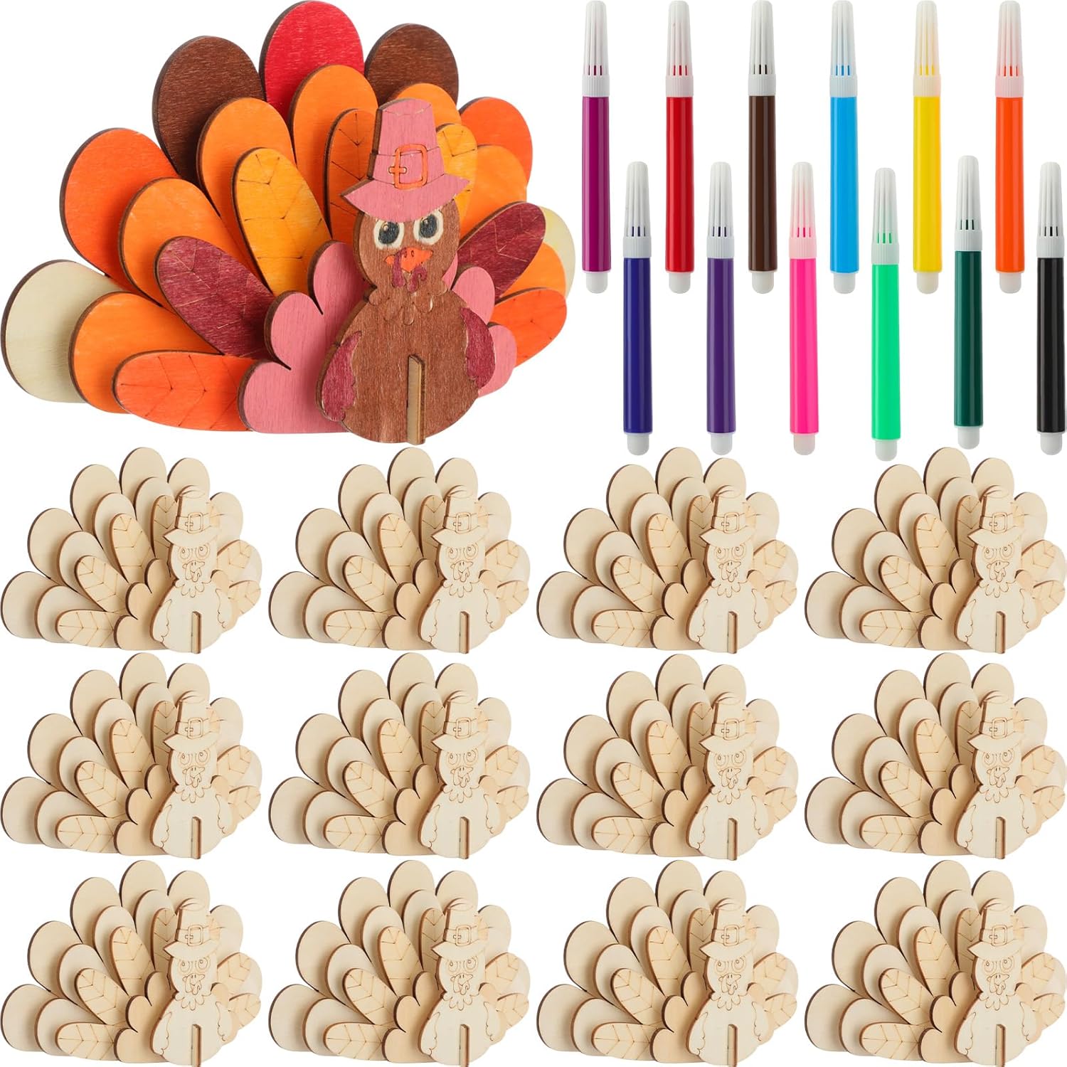 Blueweenly 12 Set Thanksgiving Turkey Painting Craft Kits for Kids, Art Wooden Painting Sets for Thanksgiving Party Favors DIY Turkey Supplies with Markers Birthday Supplies Make Your Own Craft Kits