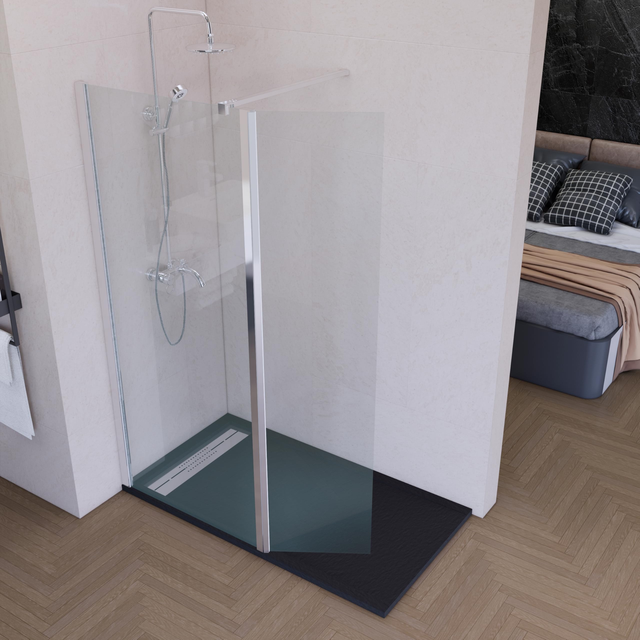 Mampara de Ducha Fija con Panel Abatible Cromo 60 cm + 40 cm – Cristal Templado 8 mm Antical – Mampara Walk In Reversible para Baño Moderno – HOGAKIS