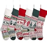 Munidow Christmas Stockings Set of 6 Knitted 22'' Large Hand-Knitted Red/Green/White Santa Claus Gingerbread Man Gingerbread Man Tree Horse Snowman Xmas Character for Family Holiday Season Decor