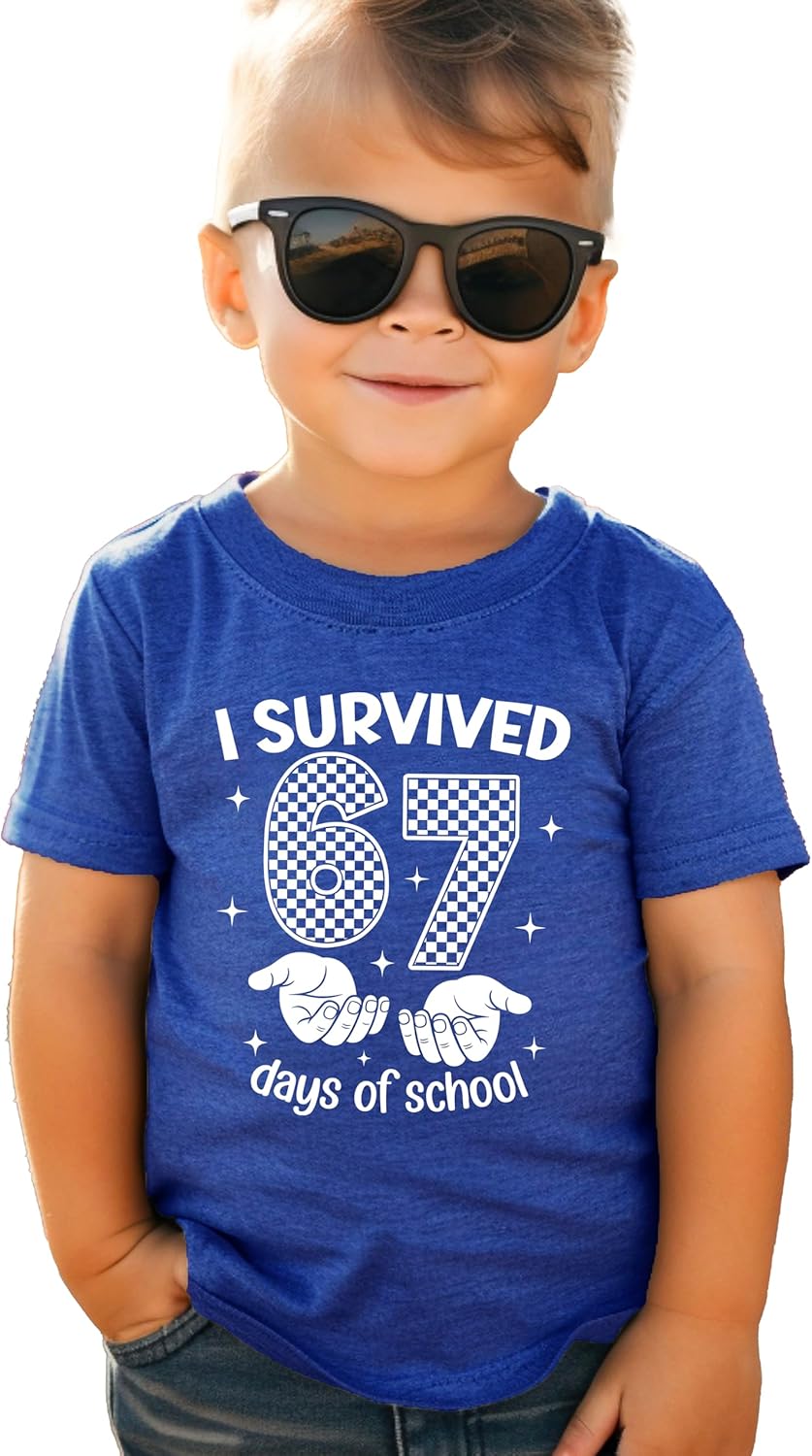 I Survived 67 Days of School Shirt for Boys & Girls Funny Six Seven Checker Hands Tshirt