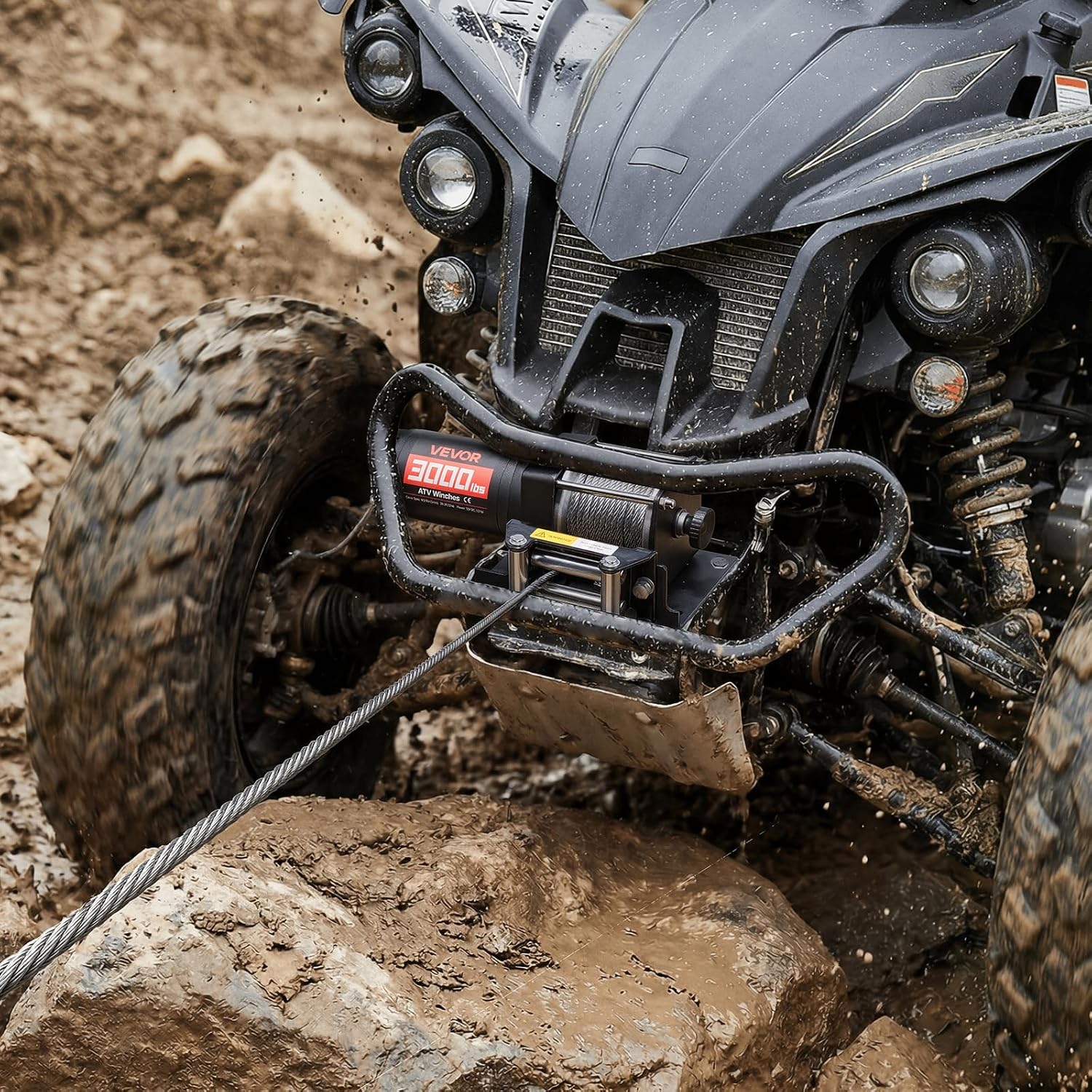 VEVOR 3000 lbs Electric Winch, 12V DC ATV/UTV Winch with Φ3/16 in x 39.4 ft Steel Wire Rope & Wired Remote Control, IP55 Waterproof, Aluminum Housing Fairlead Mount Plate for Towing ATV, Black