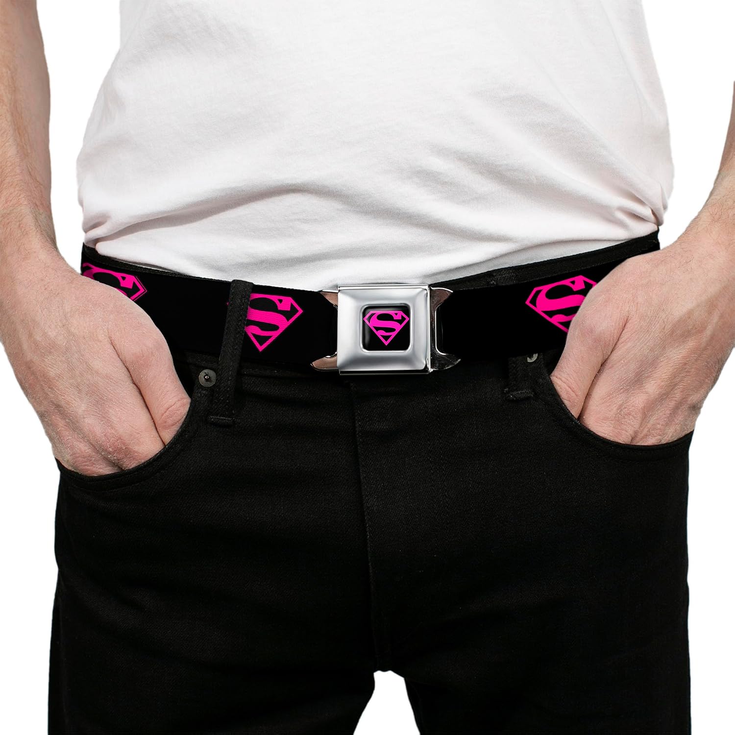 Buckle-Down Seatbelt Belt - Superman Shield Black/Hot Pink - 1.0" Wide - 20-36 Inches in Length
